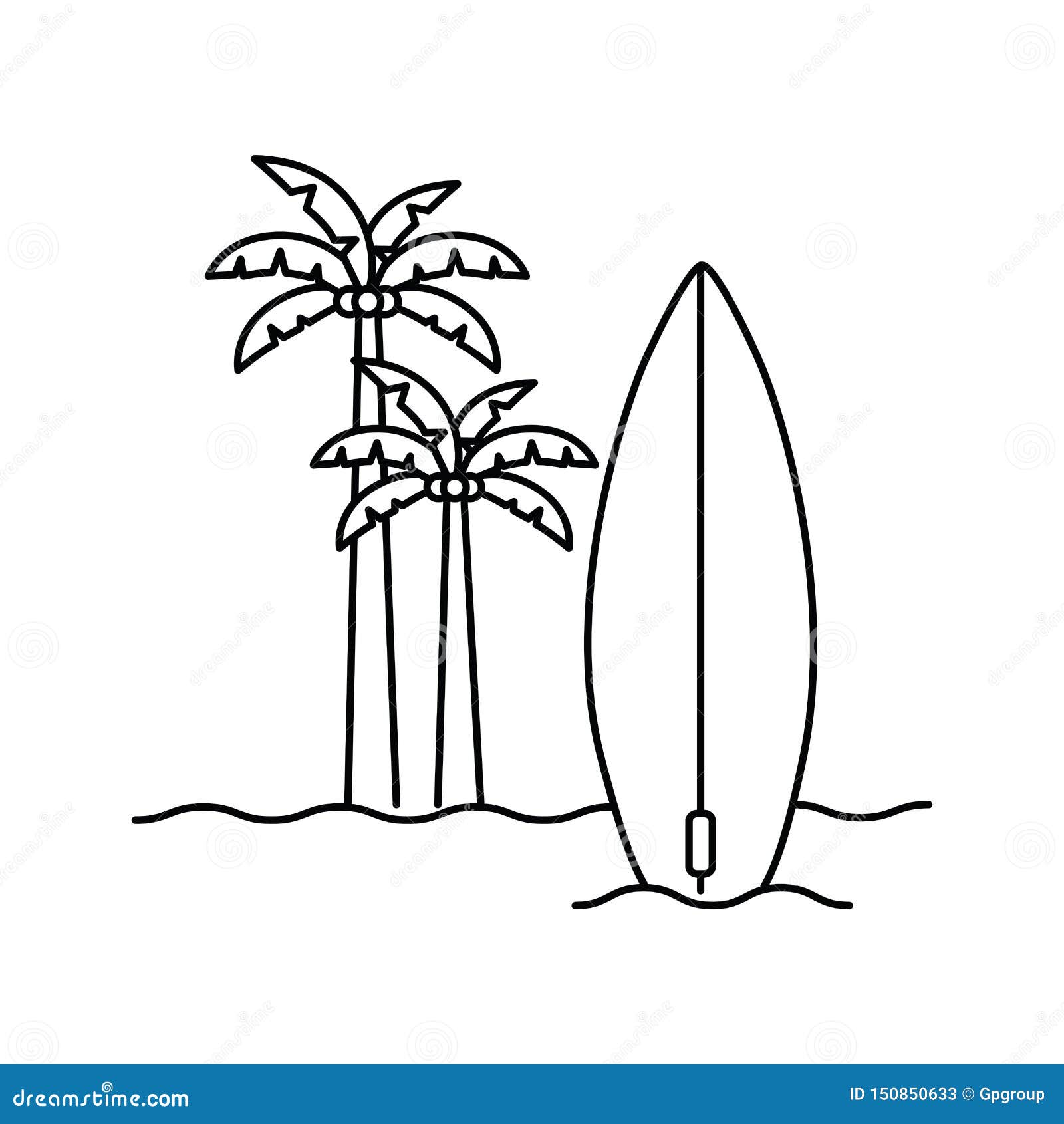 Silhouette de palmier avec la planche de surf à l'arrière-plan blanc. Silhouette de palmier avec la planche de surf dans la conception blanche d'illustration de vecteur de fond