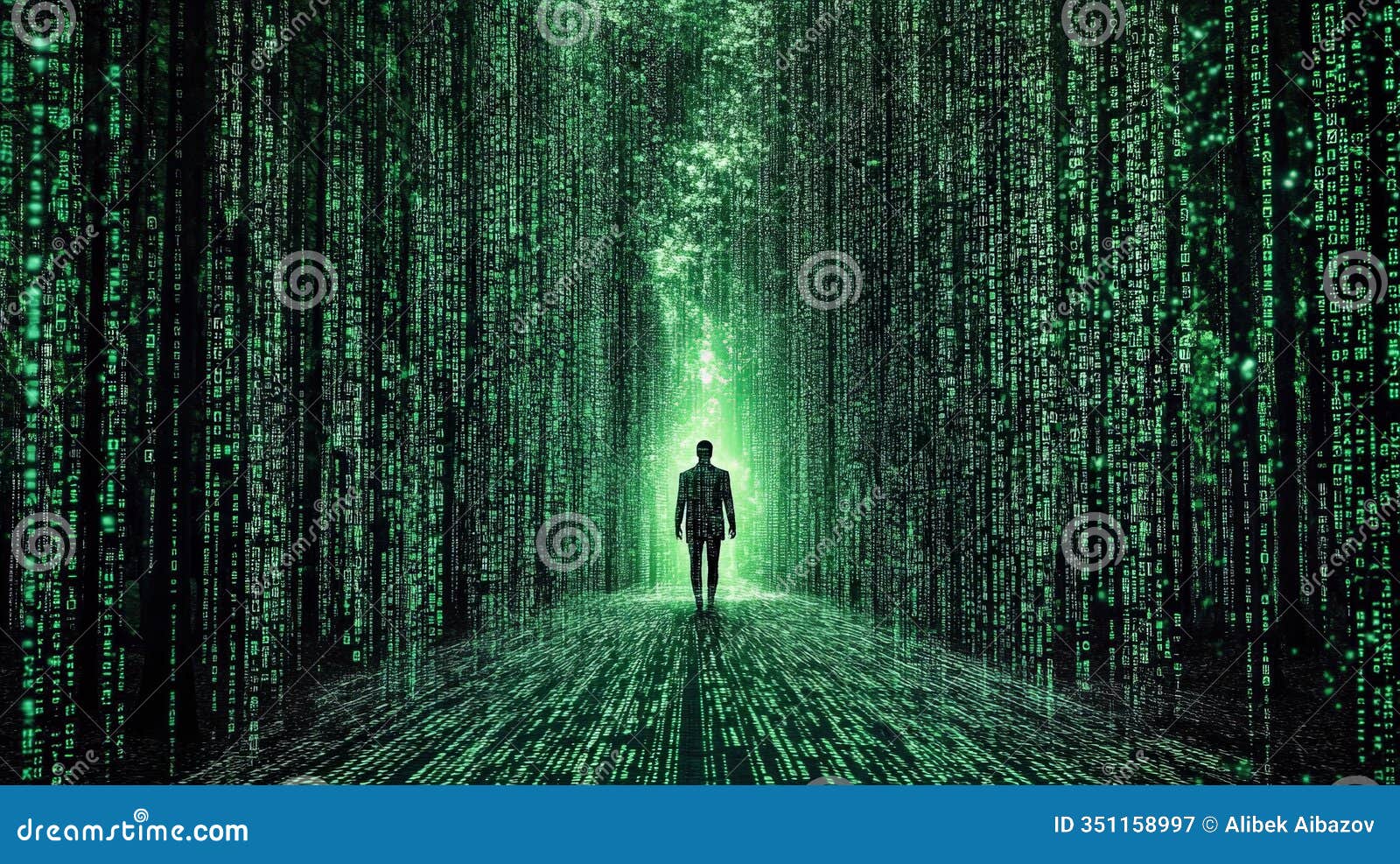 silhouette in digital matrix: man in virtual cybercode forest