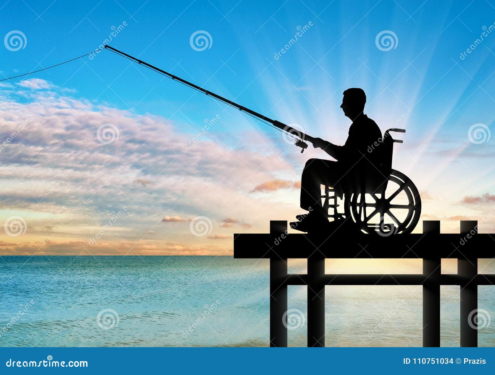 Silhouette of a Disabled Man in a Wheelchair with a Fishing Rod in