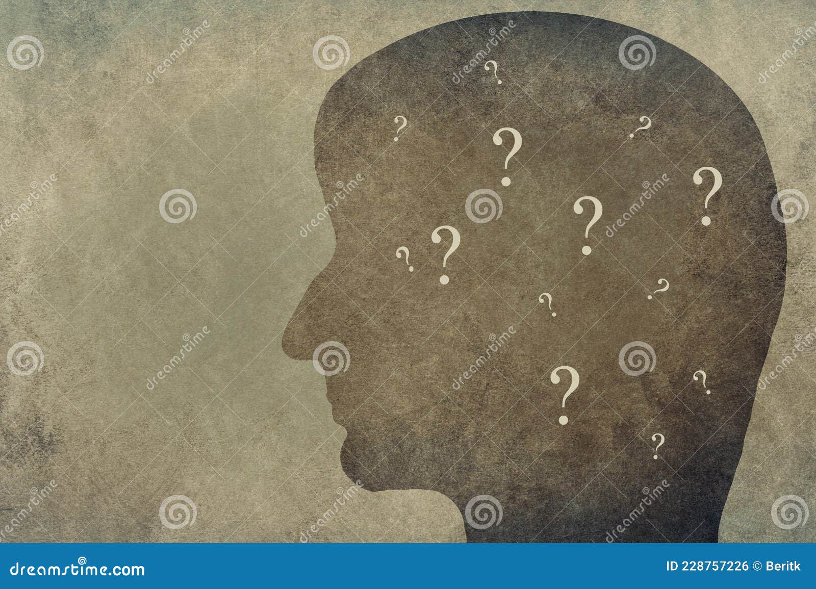 Silhouette of a Face with Question Marks, Textured Background Stock