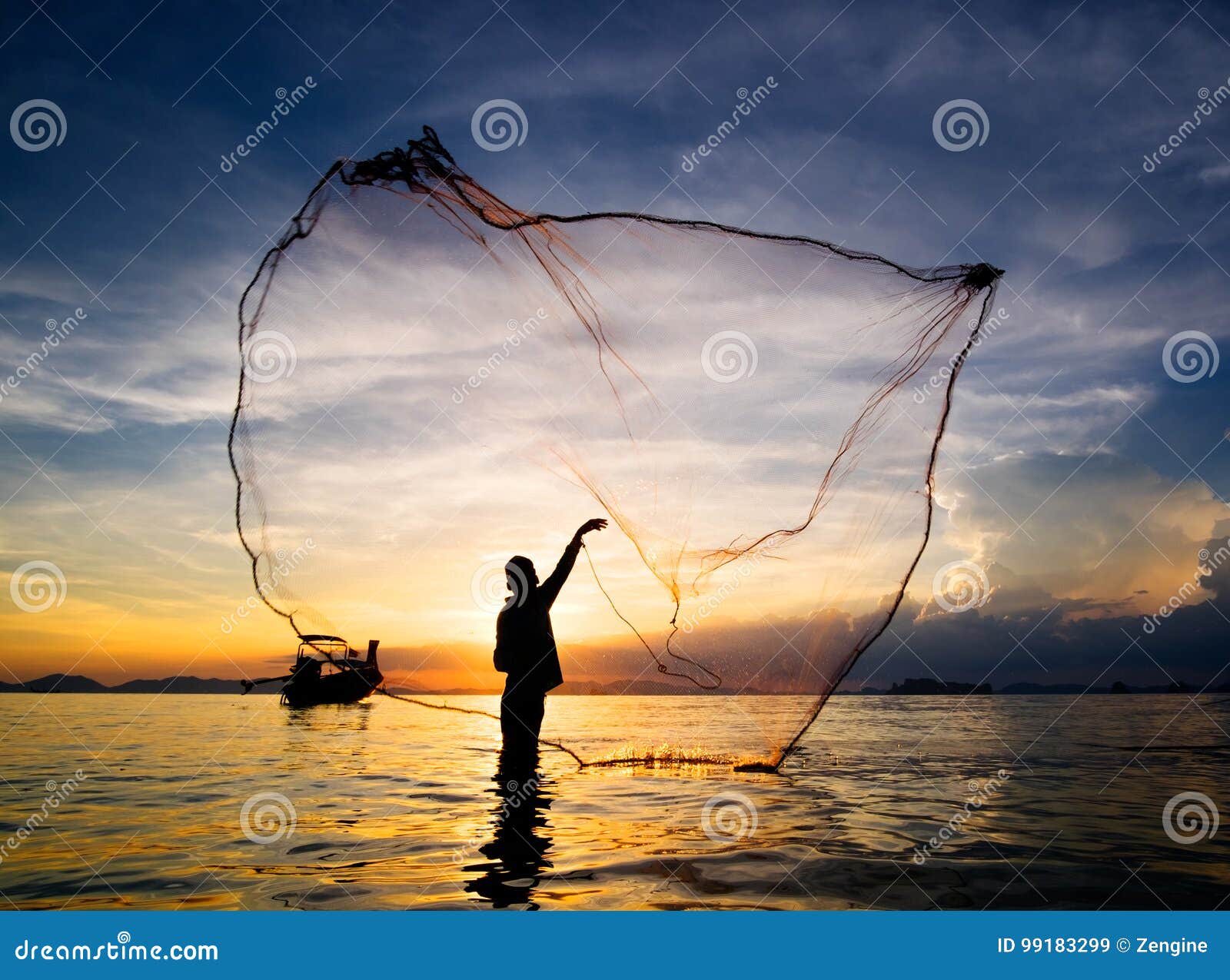 Silhouette of Fisherman Casting Fishing Net into the Sea Stock