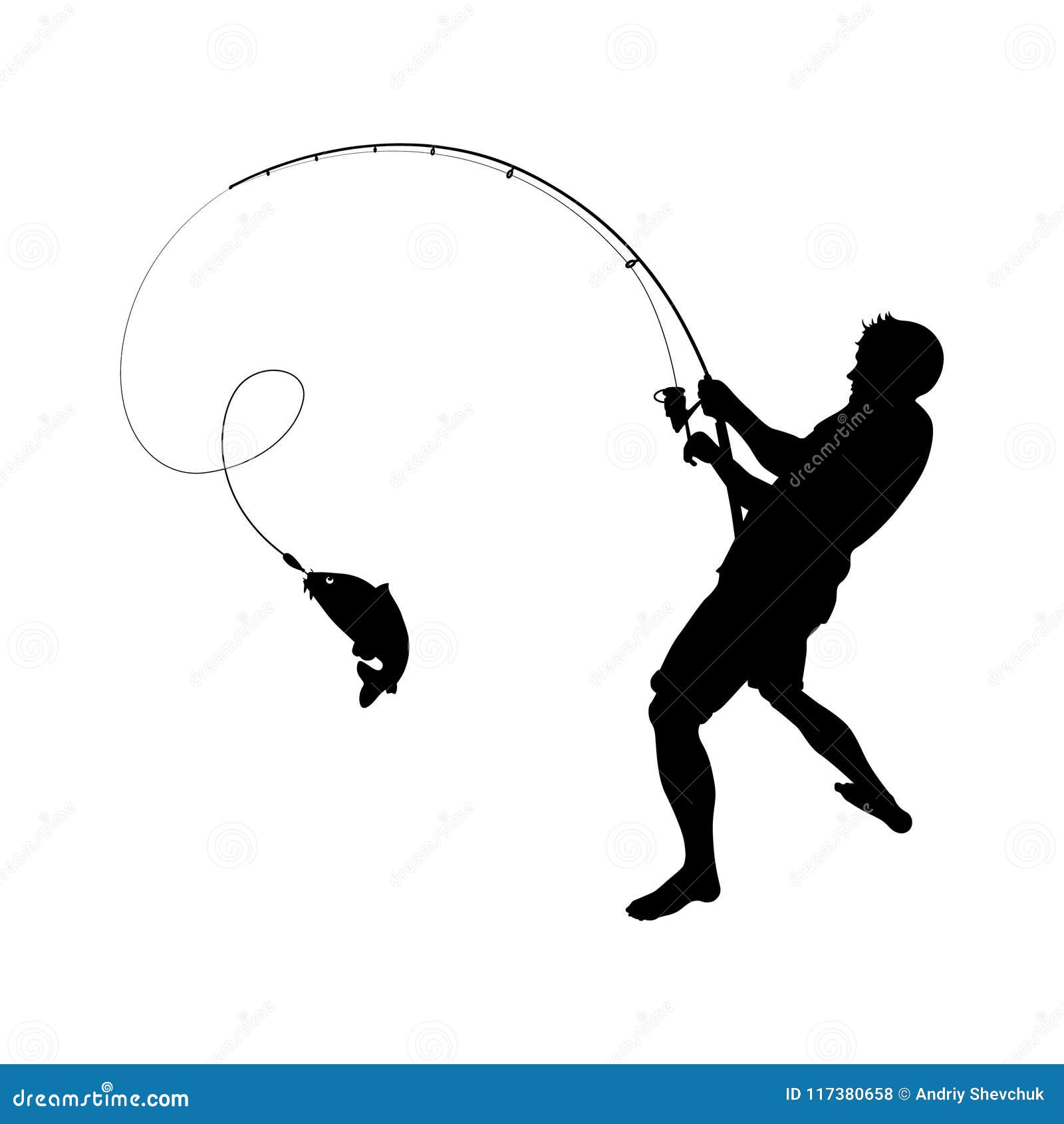 Download Fisherman Catches Fish On A Fishing Rod Stock Vector - Illustration of silhouette, sketch: 117380658