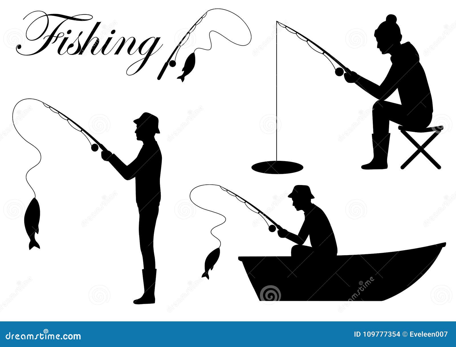 silhouette fisherman icon, man cath fish on fishing rod