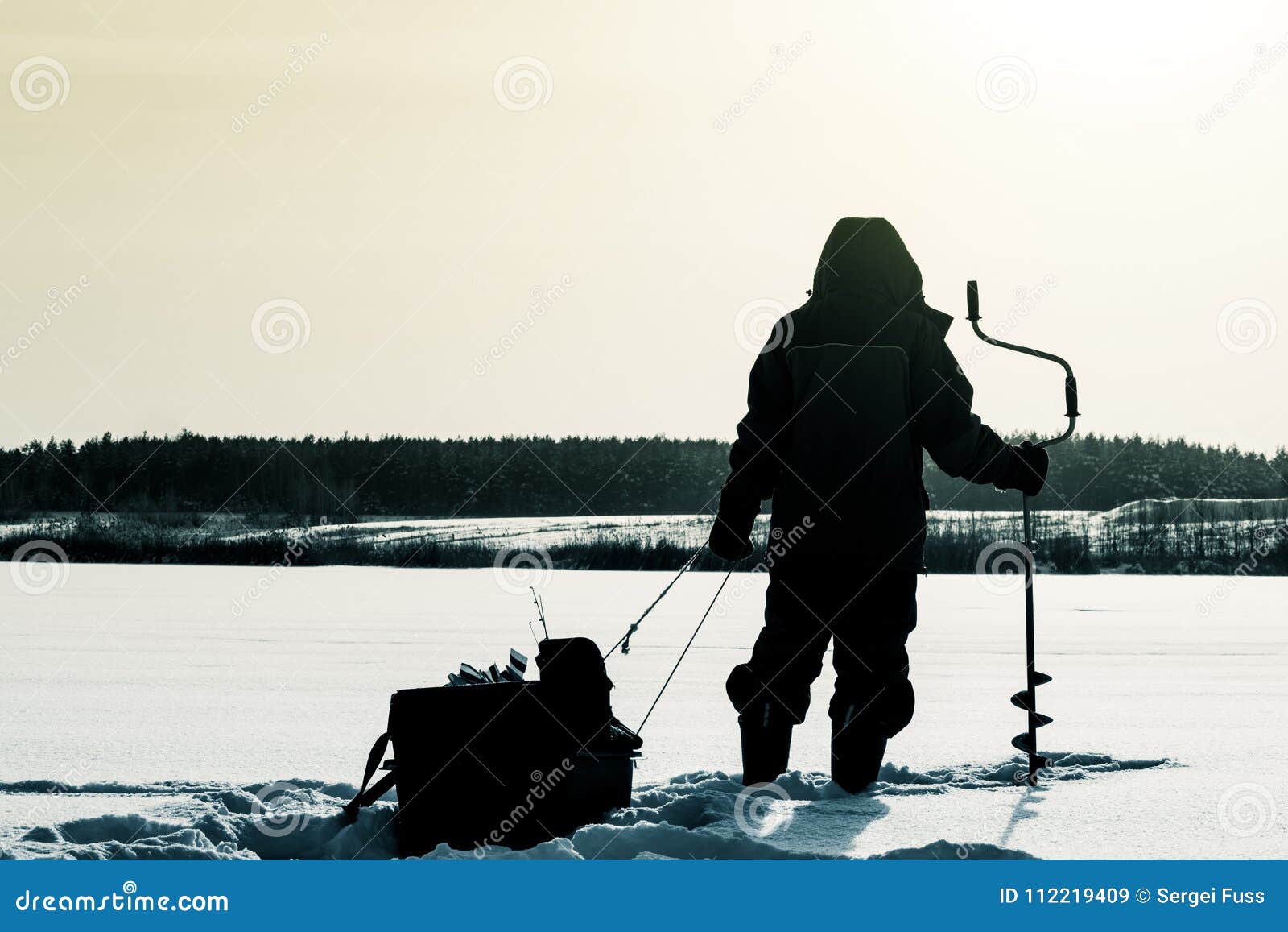 Silhouette of a Fisherman with a Sleigh. Winter Fishing. Ice Fishing.  Leisure. Winter Landscape. Fisherman on Ice Stock Image - Image of  landscape, lake: 112219409