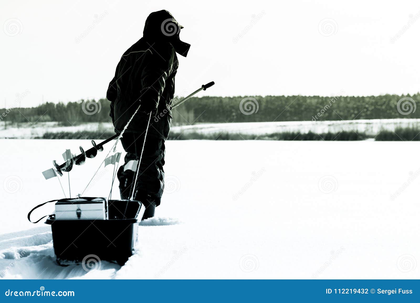 Silhouette of a Fisherman with a Sleigh. Winter Fishing. Ice Fishing.  Leisure. Winter Landscape. Fisherman on Ice Stock Photo - Image of outdoor,  beautiful: 112219432