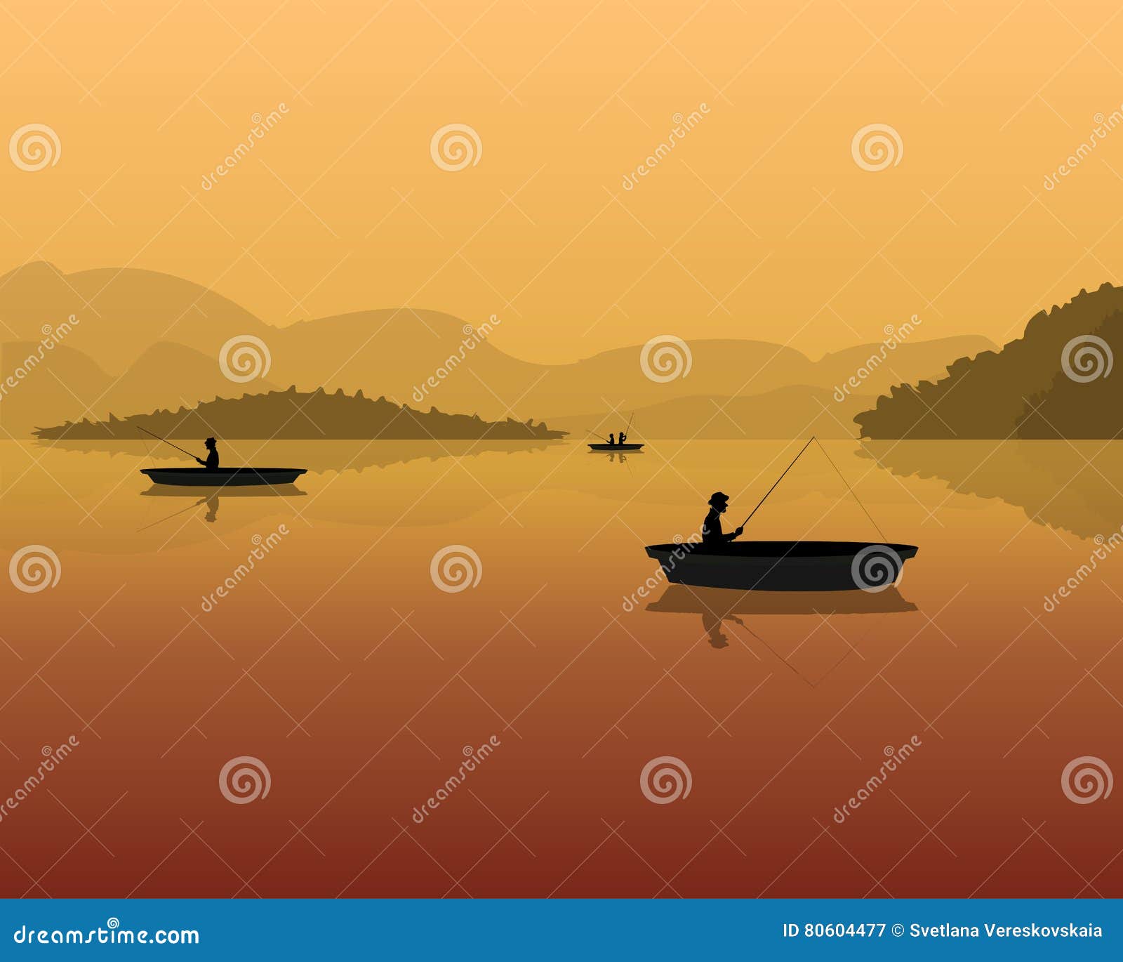Silhouette of Fishermen in a Boat with Fishing Rods in the Water