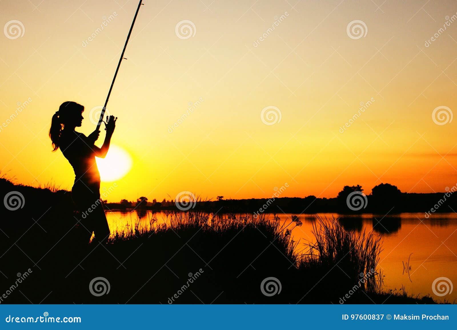 Silhouette of a Fishing Woman at Dawn Stock Image - Image of