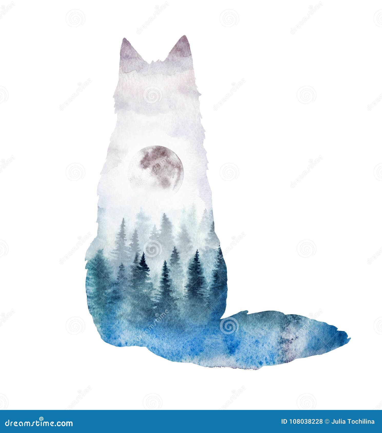 A Silhouette of a Fox with Watercolor Landscape Inside Stock Illustration -  Illustration of double, frost: 108038228