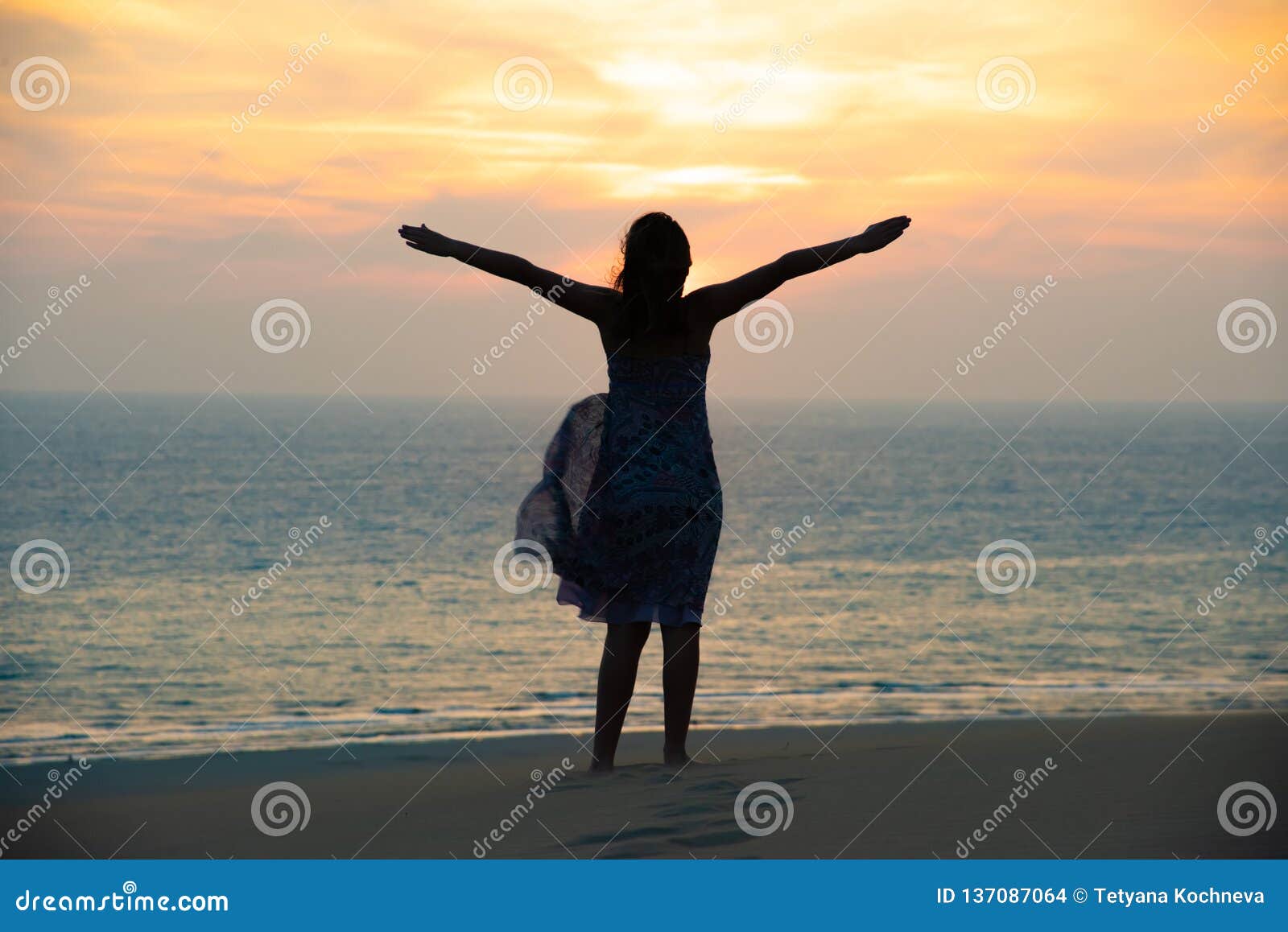 Silhouette of Freedom and Happy Girl on Beach Stock Photo - Image ...