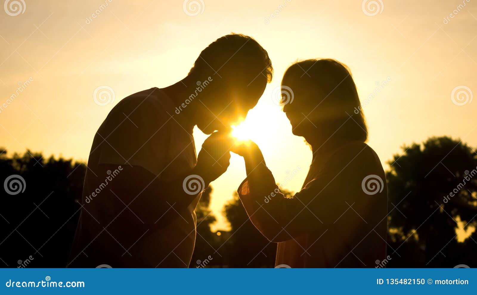 silhouette of gentleman kissing wife's hand, senior couple in love, romance