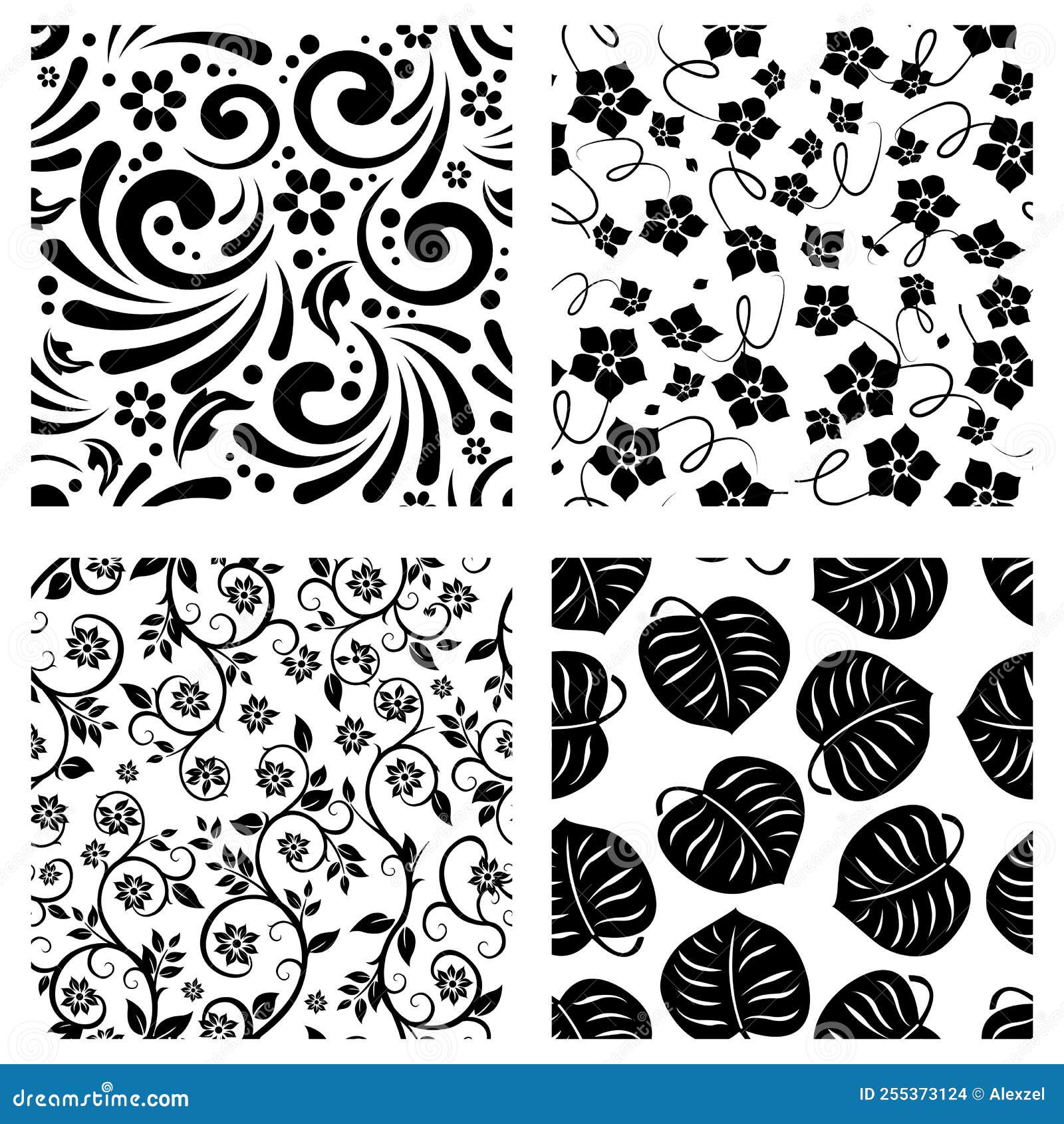 Silhouette of a Geometric and Floral Black and White Pattern Seamless