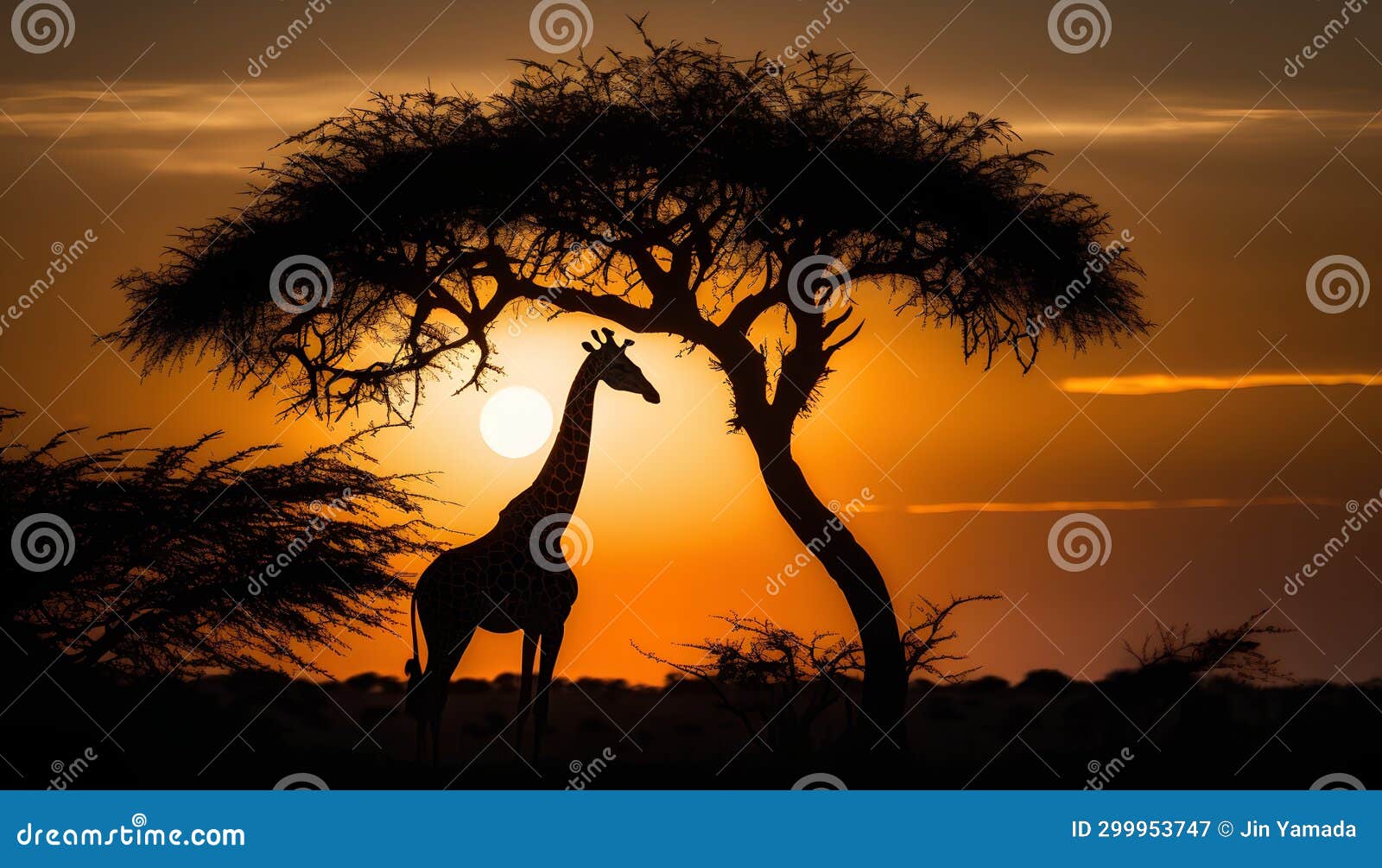 Silhouette of Giraffe with Acacia Tree at Sunset. Stock Illustration