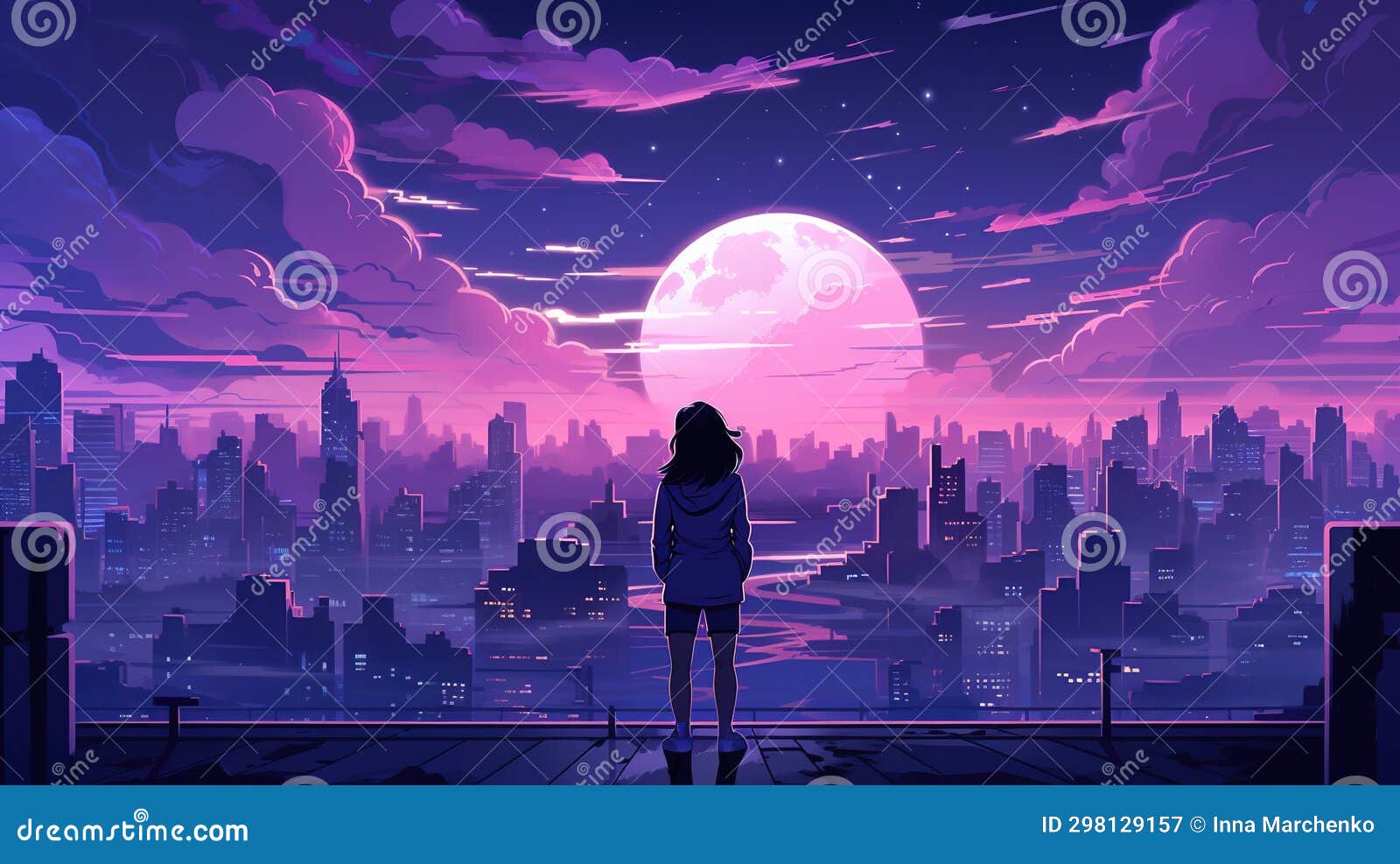 Silhouette of Girl on Futuristic City in Anime Style. Top View Stock ...