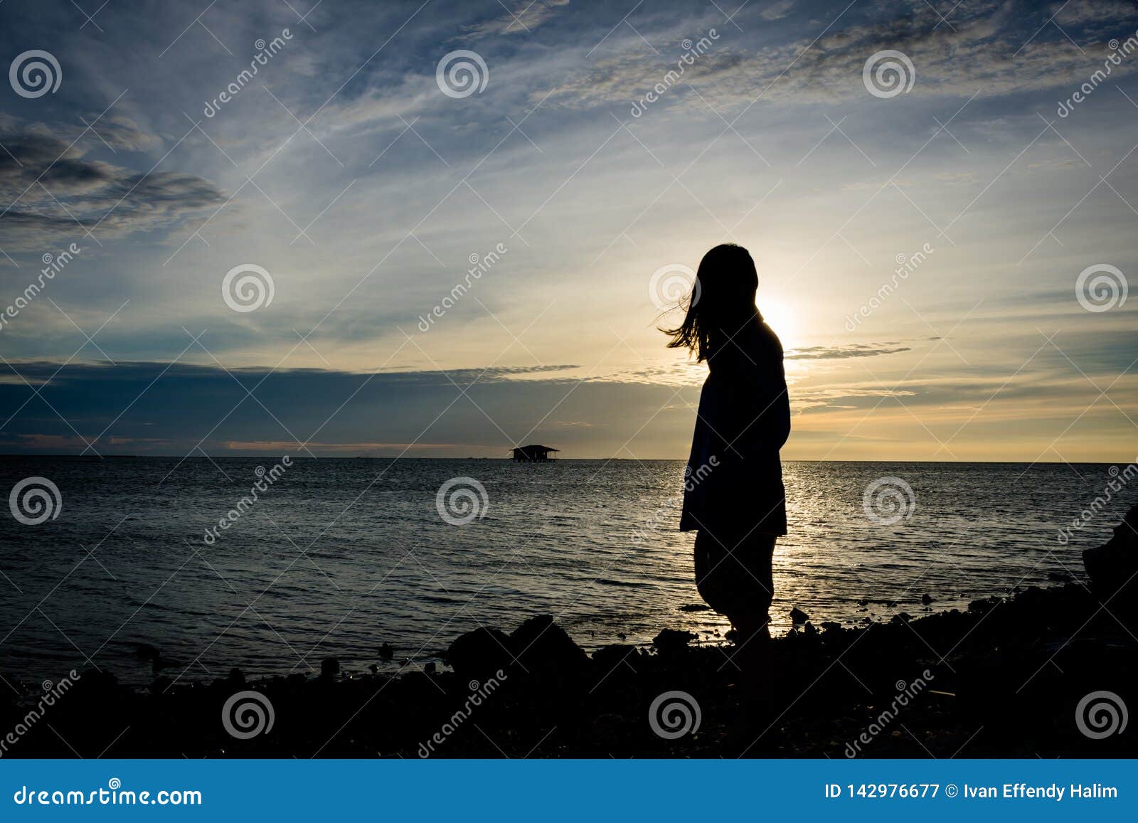 Silhouette of a Girl Standing Alone on Seashore with Beautiful Sky on the  Background Stock Image - Image of destination, life: 142976677