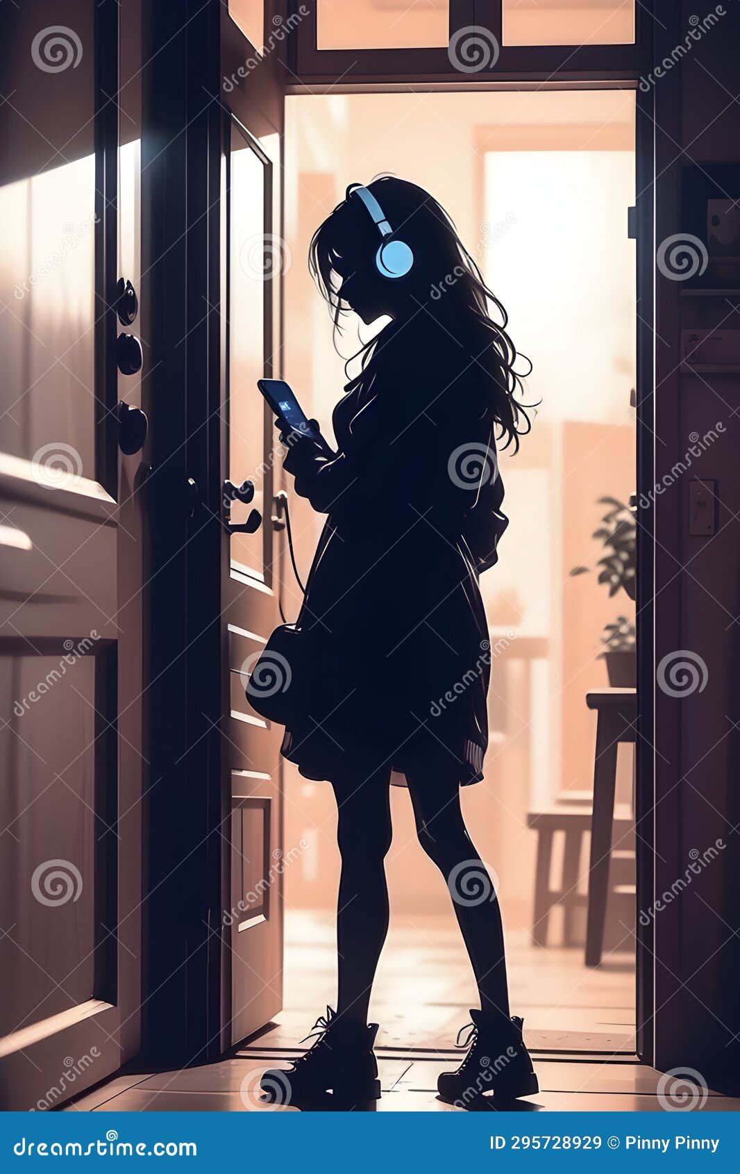 Silhouette of a Girl Wearing Headphone and Playing Music on Phone