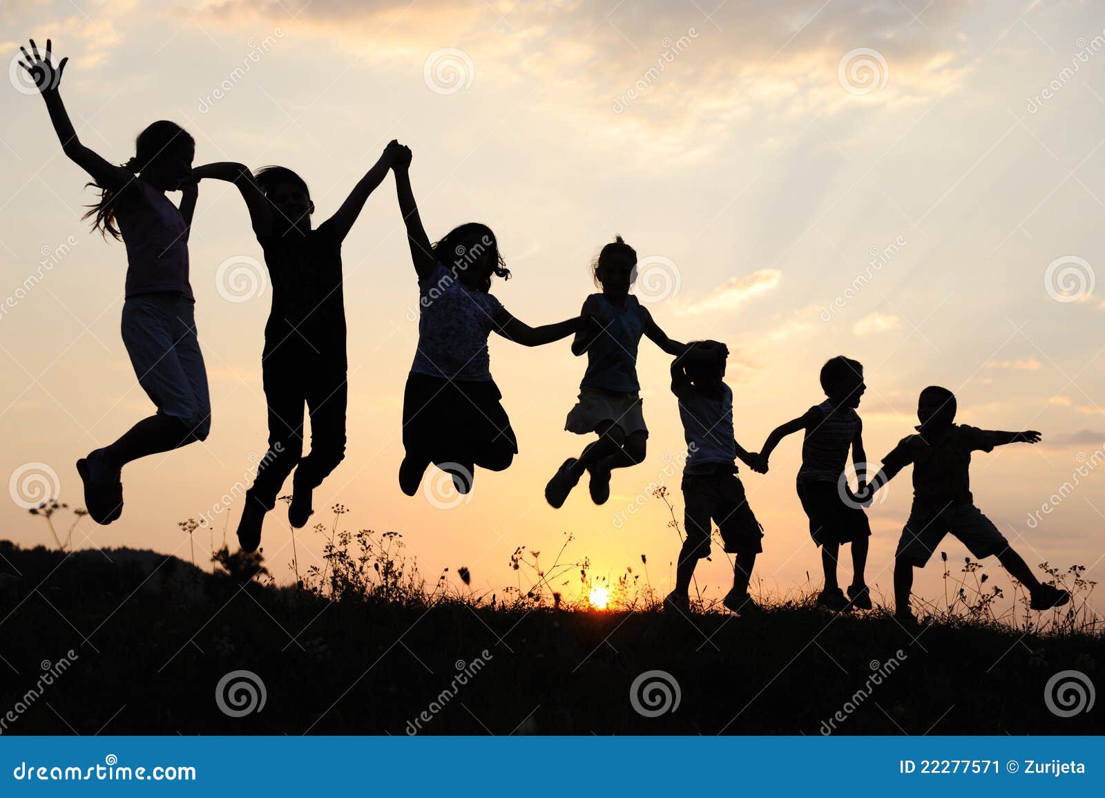 silhouette, group of happy children