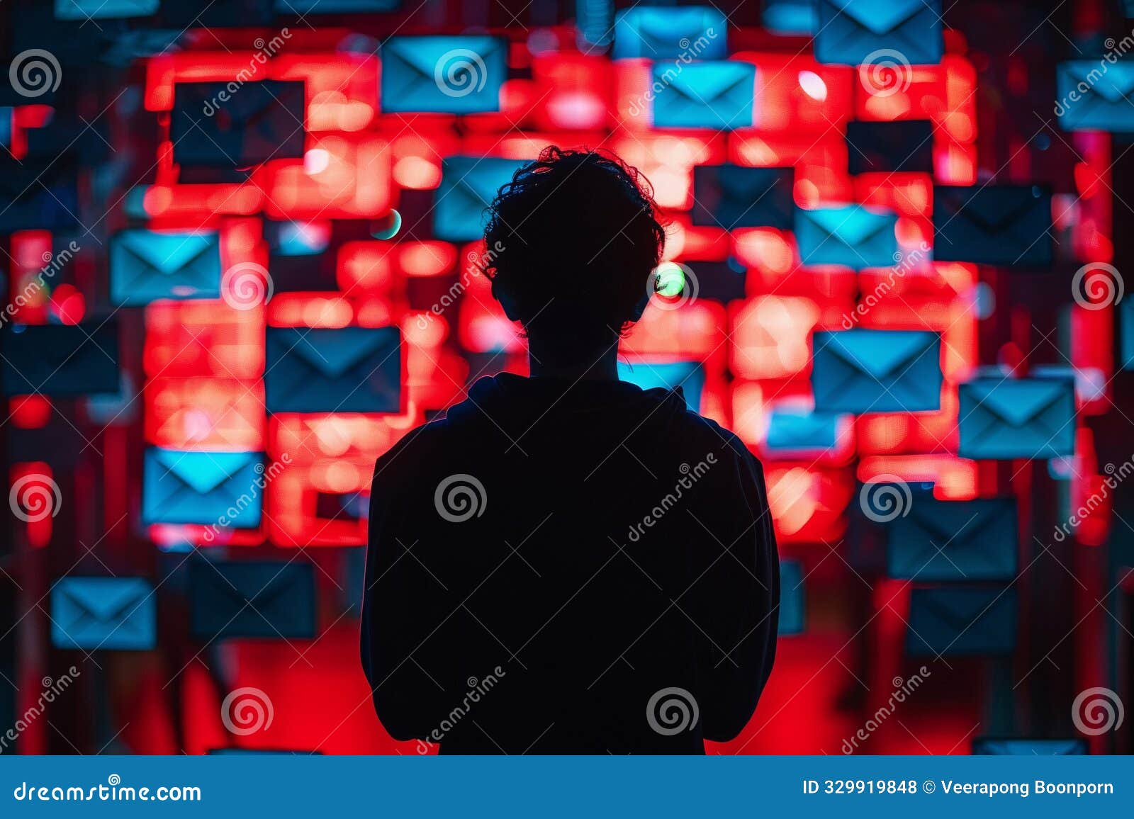 silhouette of hacker in front of threatening email alerts, front perspective, cyberspace peril