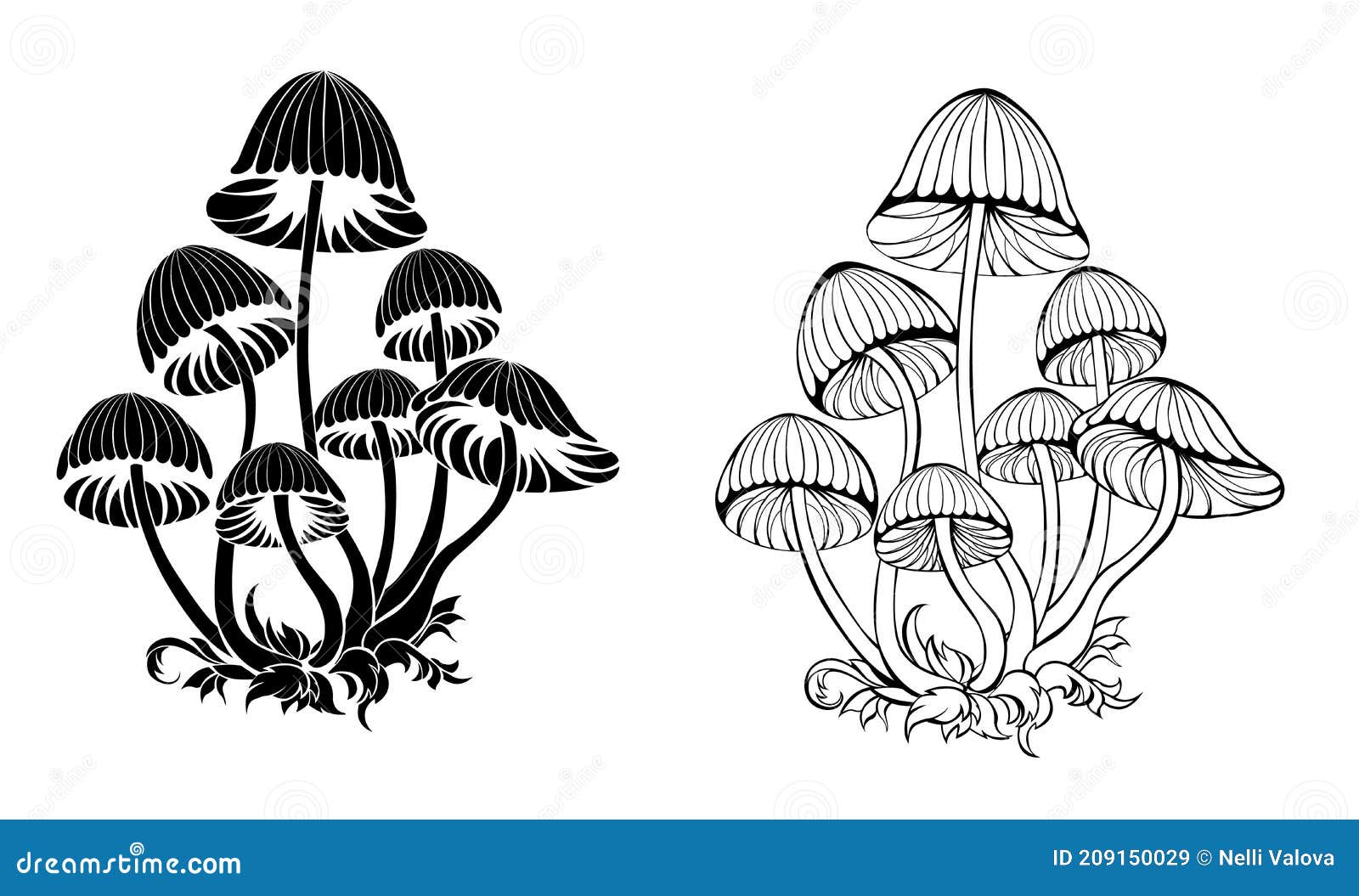 silhouette hallucinogenic mushrooms on white background