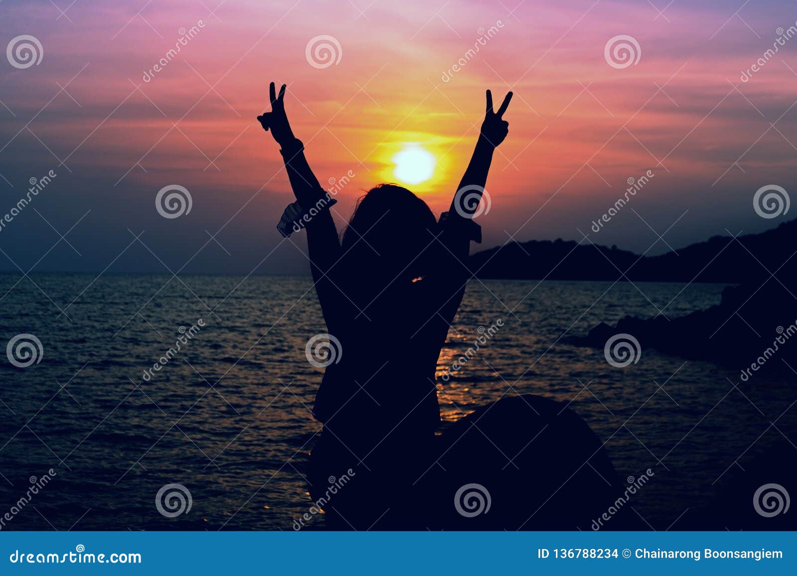 Silhouette Happy Girl in Sunset Time Stock Photo - Image of female ...
