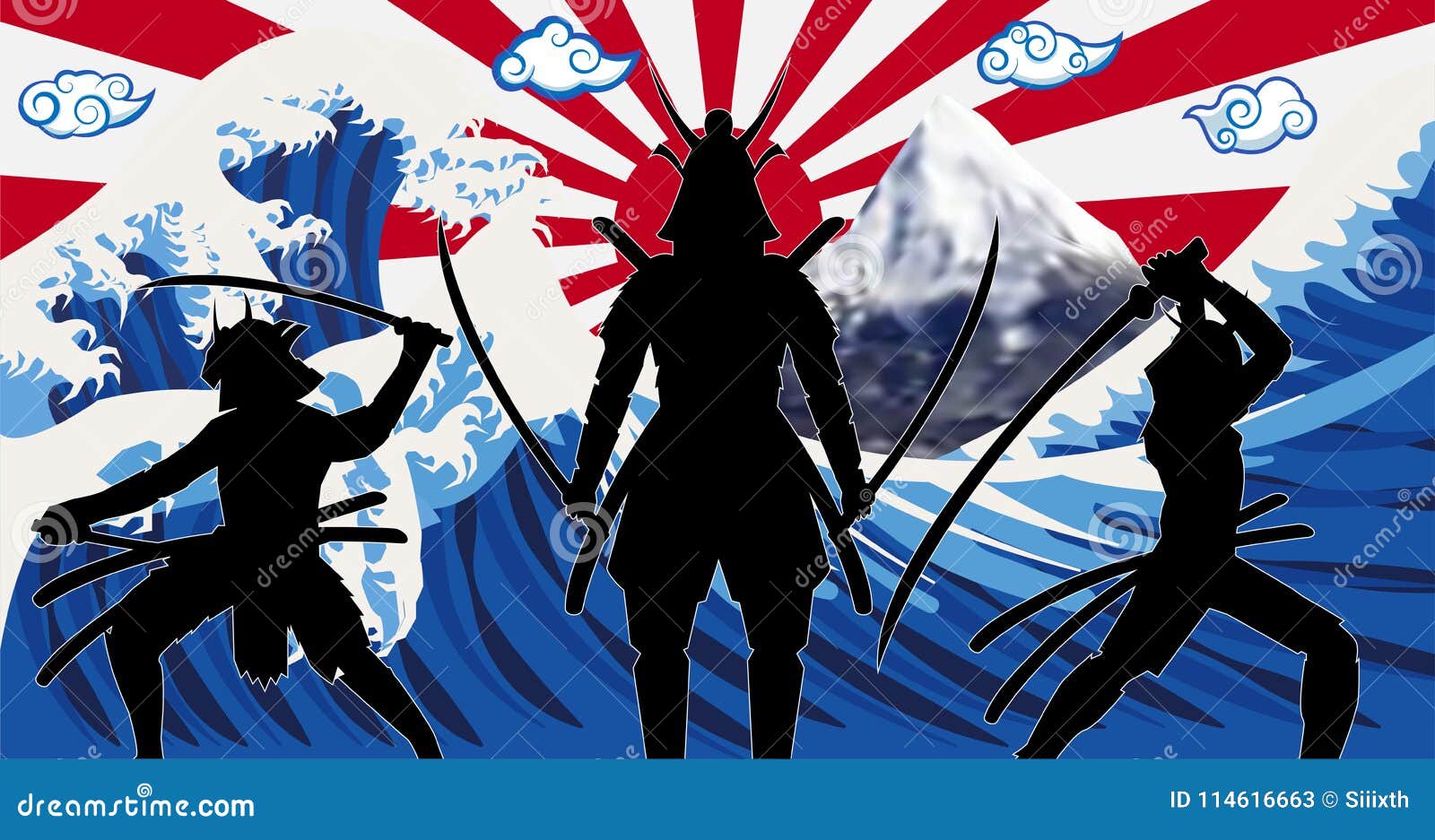 Silhouette Japan Samurai with Wave Rising Sun Flag Stock Vector -  Illustration of isolated, samurai: 114616663
