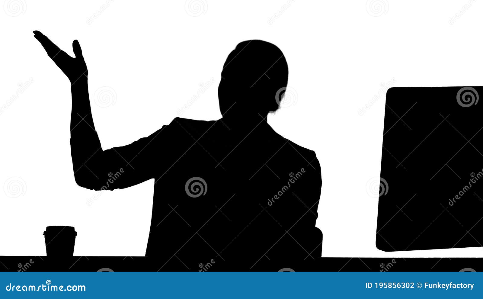 silhouette lady looking and talking to camera at her work desk and pointing to the sides.