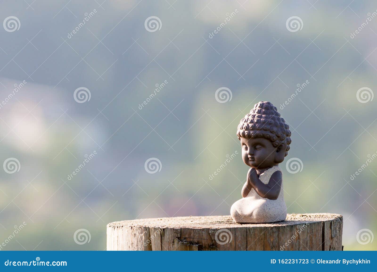 Little Buddha Pray or Meditate on Wooden Background with Empty