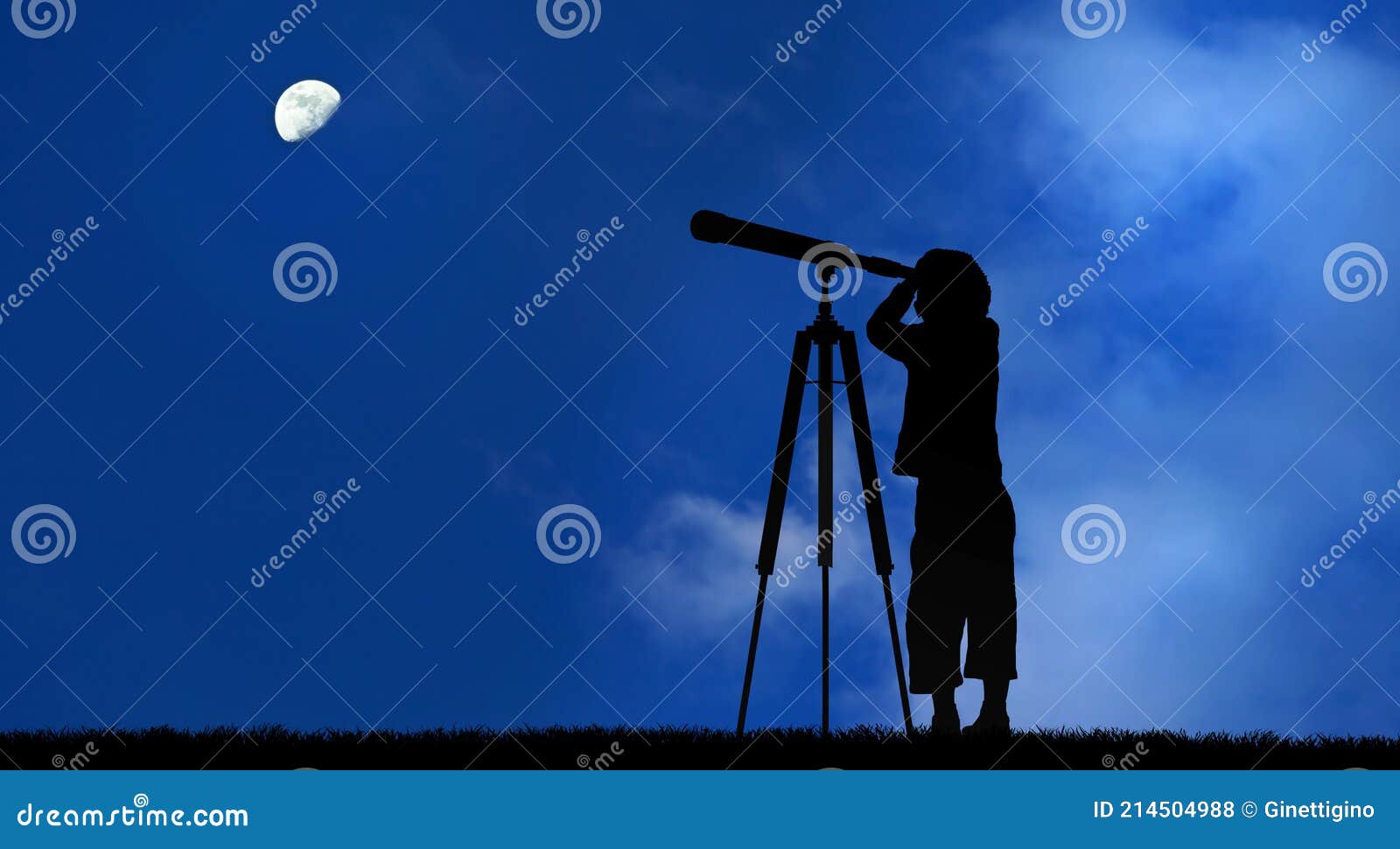 Silhouette Of Little Child Looking Through A Telescope The Moon Stock