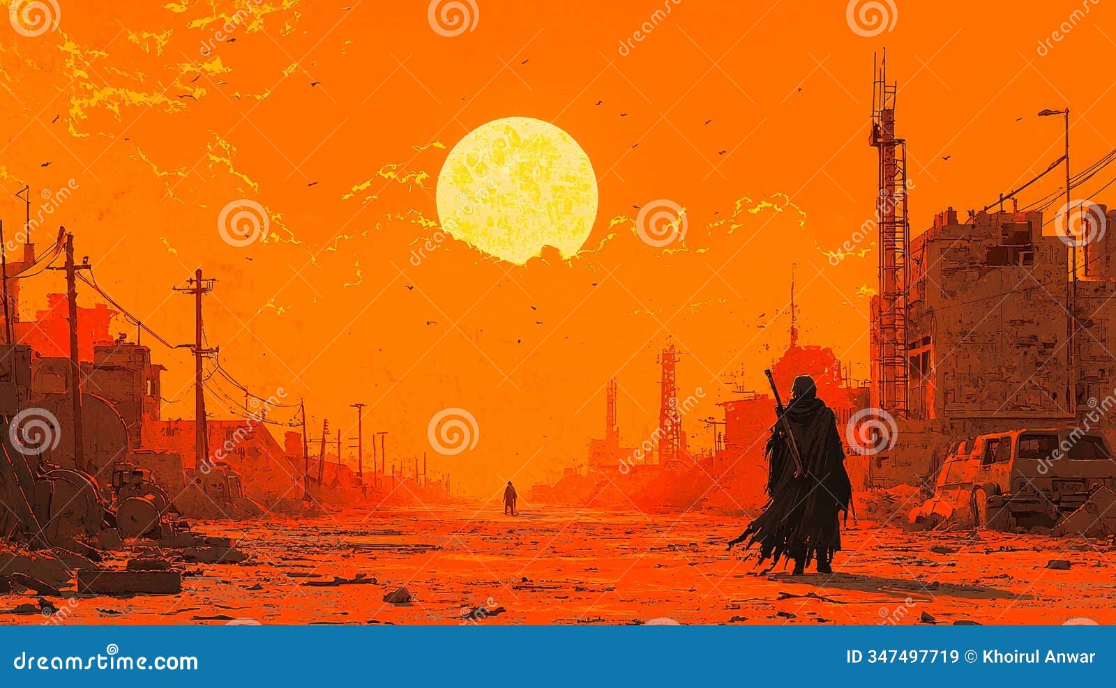 silhouette of a lone figure walking away from a deserted city during a fiery sunset