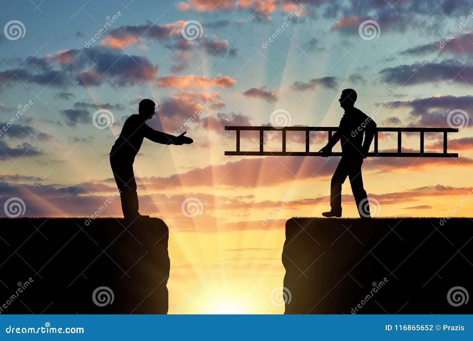 a silhouette of a man carries a ladder to another man who is on the other side of the abyss