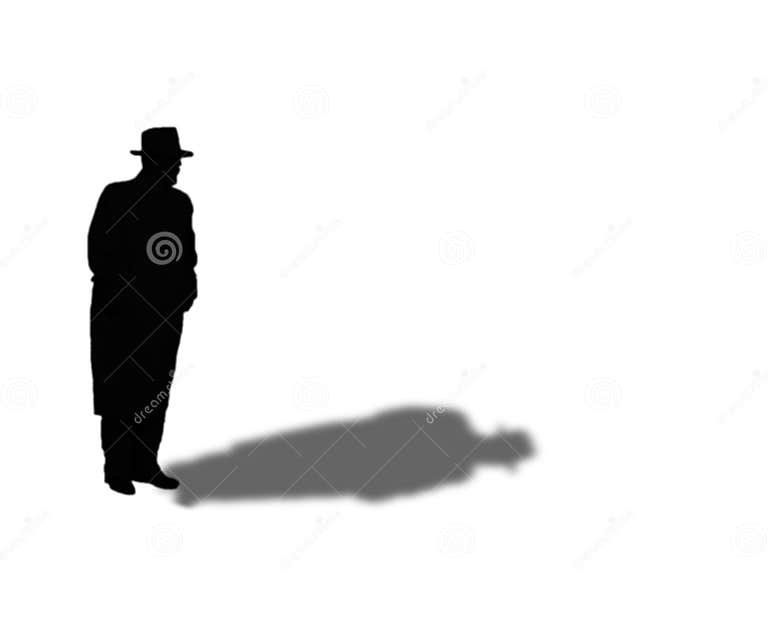 Silhouette and Shadow of Man in Fedora and Overcoat Stock Illustration