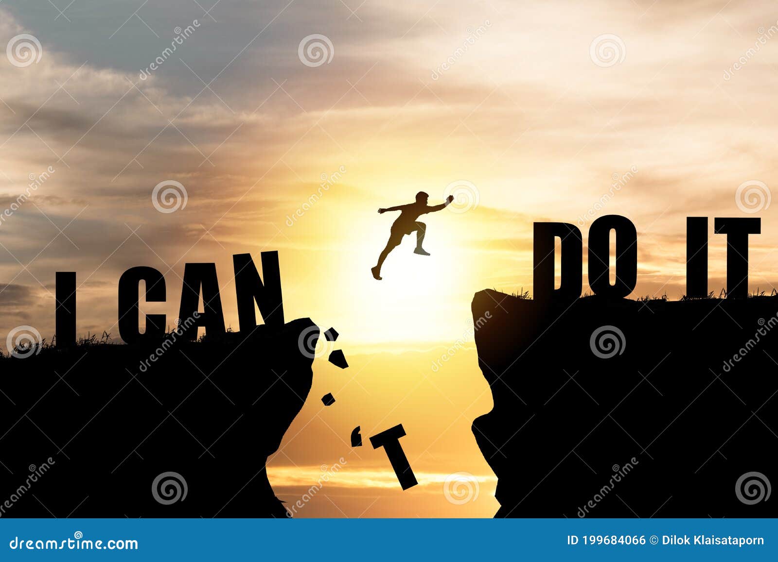 silhouette man jumping over cliffs for i can do it , good mindset by never give up concept