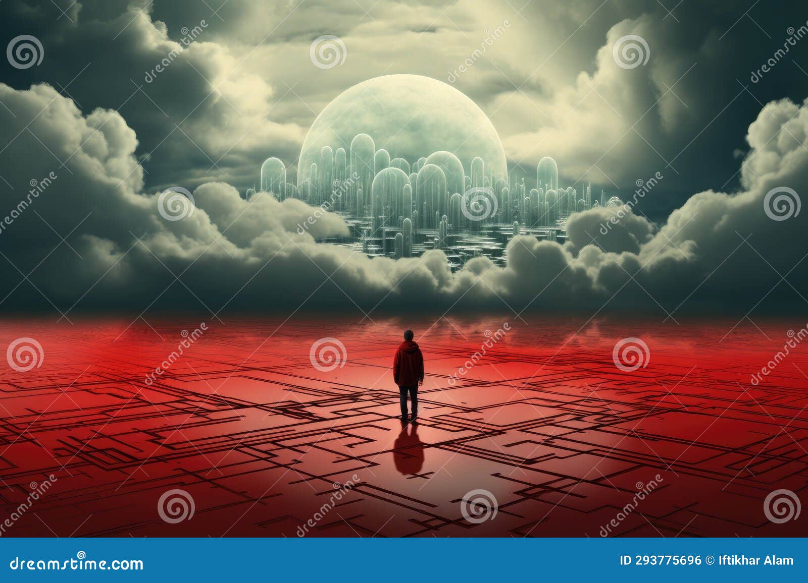 silhouette of a man standing in front of a futuristic city, datos en la nube y red.concepto de ciencia, ai generated