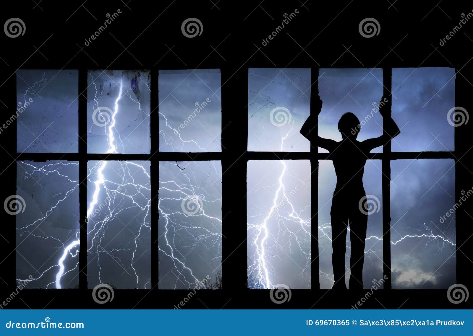 silhouette of man watching lightning, thunder, rain and storm