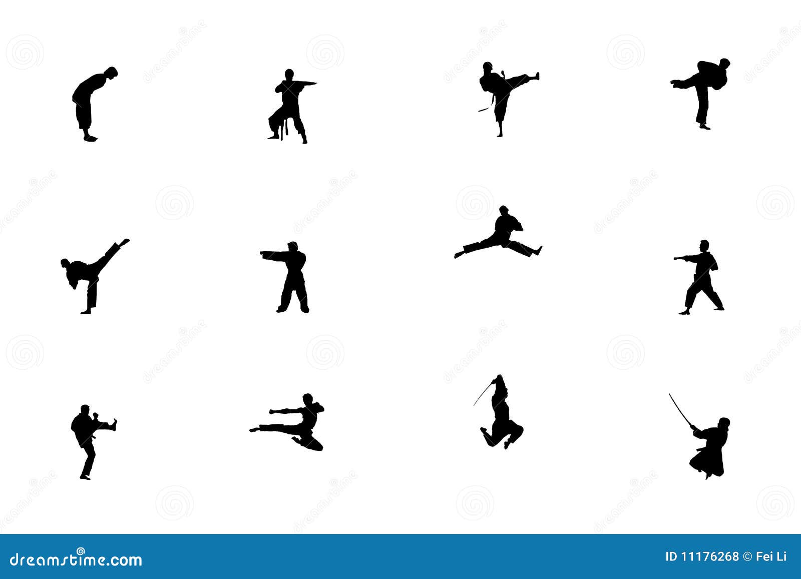 Vector set of martial arts people silhouette isolated on white