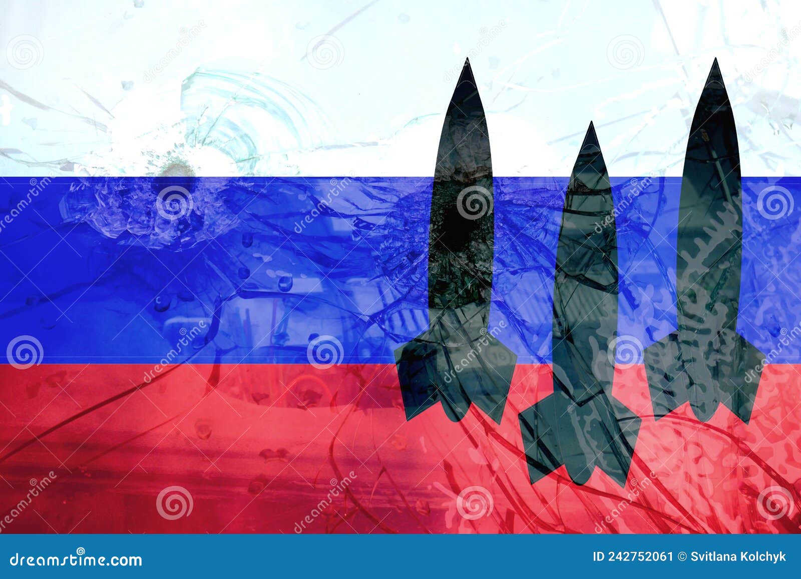silhouette of missiles on a background of the flag of russia. nuclear weapon  danger concept