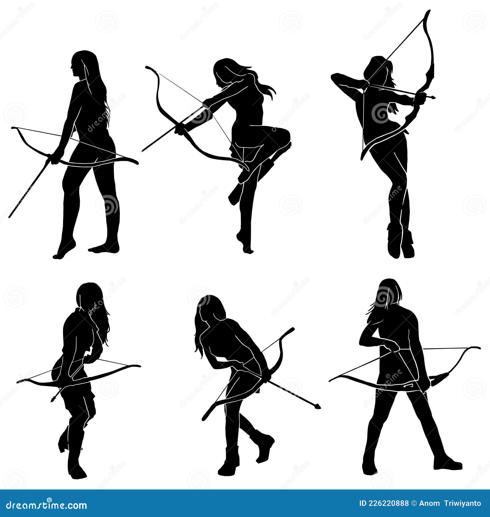 Silhouette Of Native Indian Female Archer Warrior In Action Stock