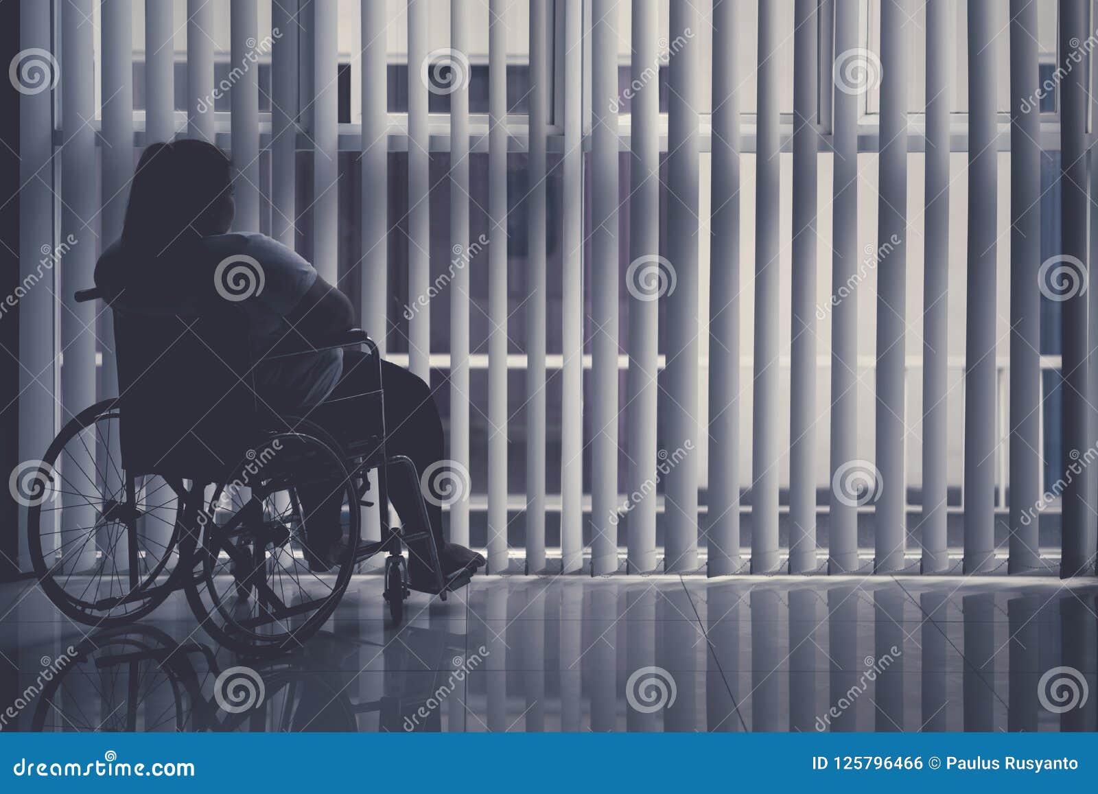 obese woman sits in the wheelchair by the window