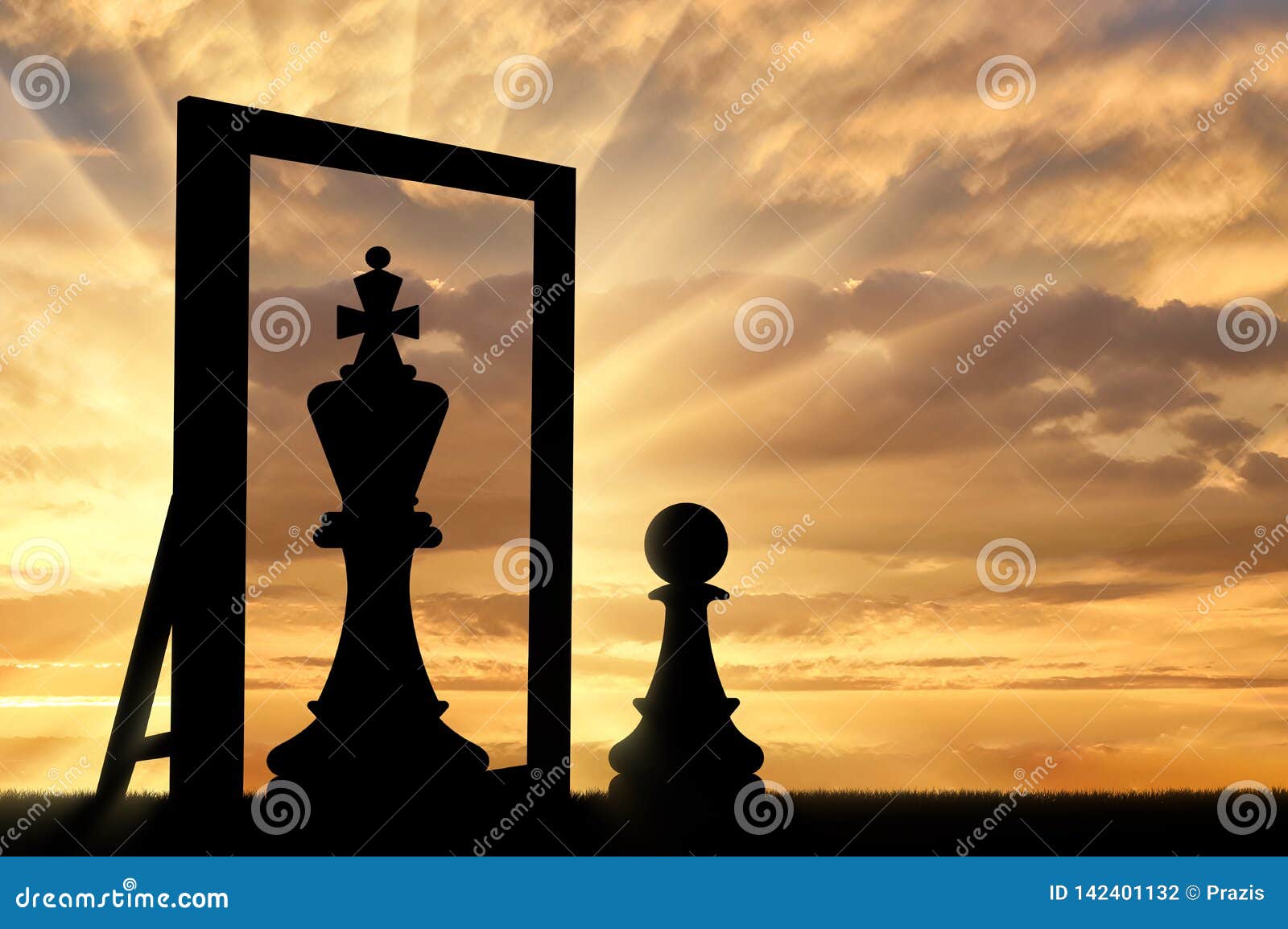 silhouette of a pawn, sees himself in the reflection of the mirror queen