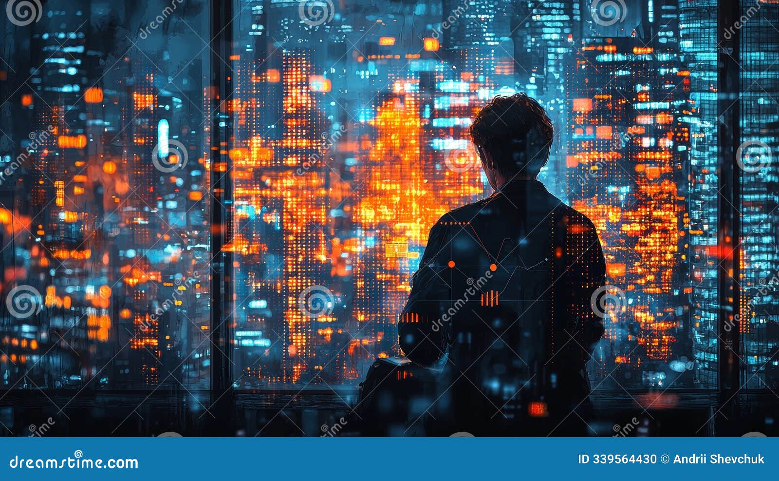 silhouette of a person analyzing data in a futuristic cityscape