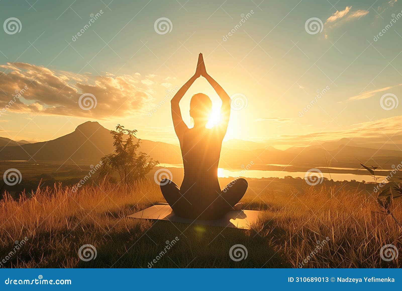 A woman yoga teacher in sukhasana anjali mudra posture Stock Photo by  ©pierivb 336667212