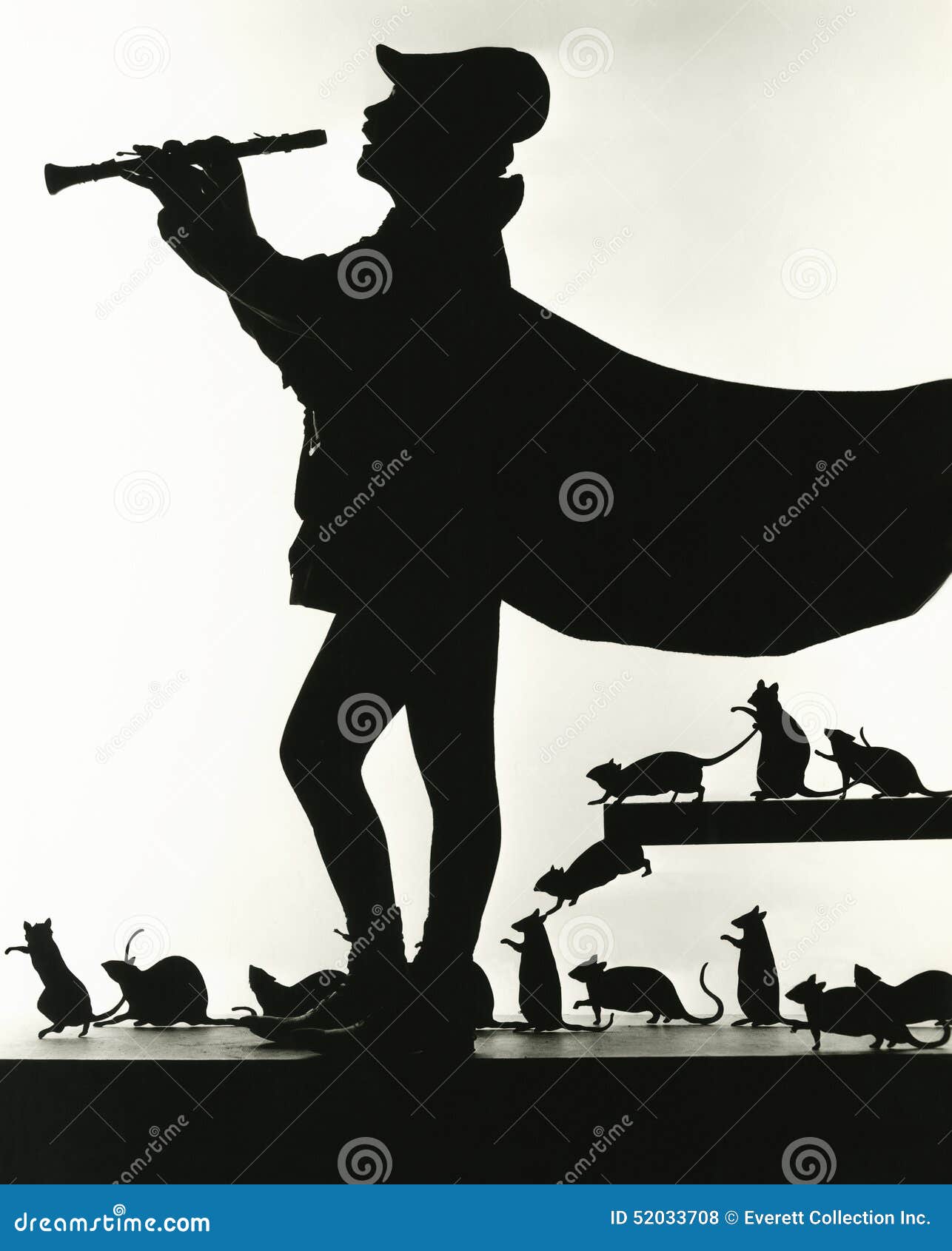silhouette of pied piper followed by rats