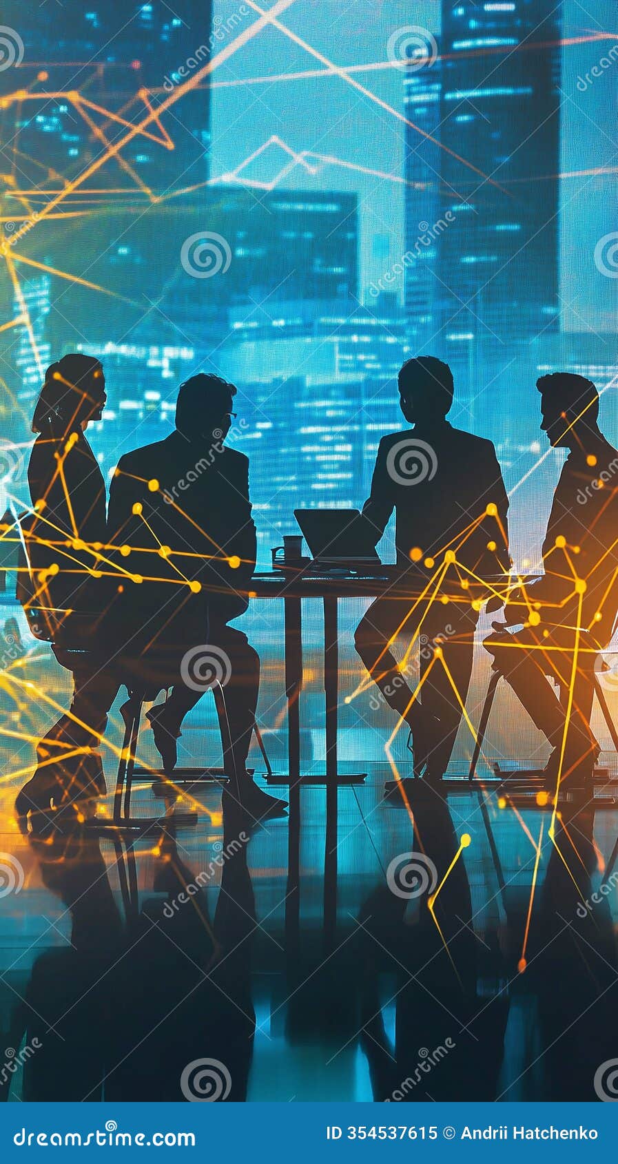 silhouette of professionals in a corporate environment surrounded by tech-inspired graphic lines.