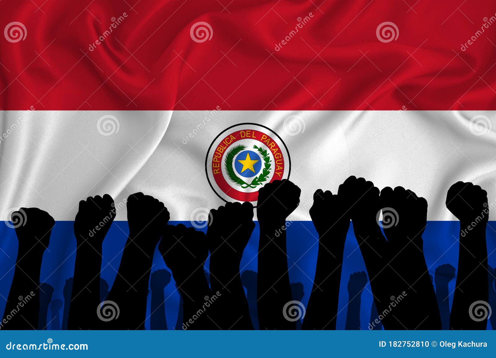silhouette of raised arms and clenched fists on the background of the flag of paraguai. the concept of power,  conflict. with