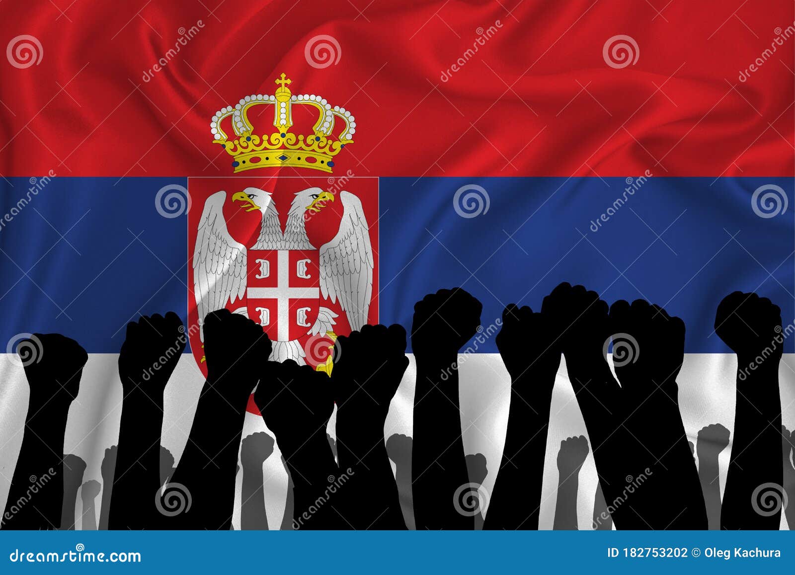 Silhouette of raised arms and clenched fists on the background of the flag of Serbian. The concept of power, conflict. With place for your text. 3D rendering.