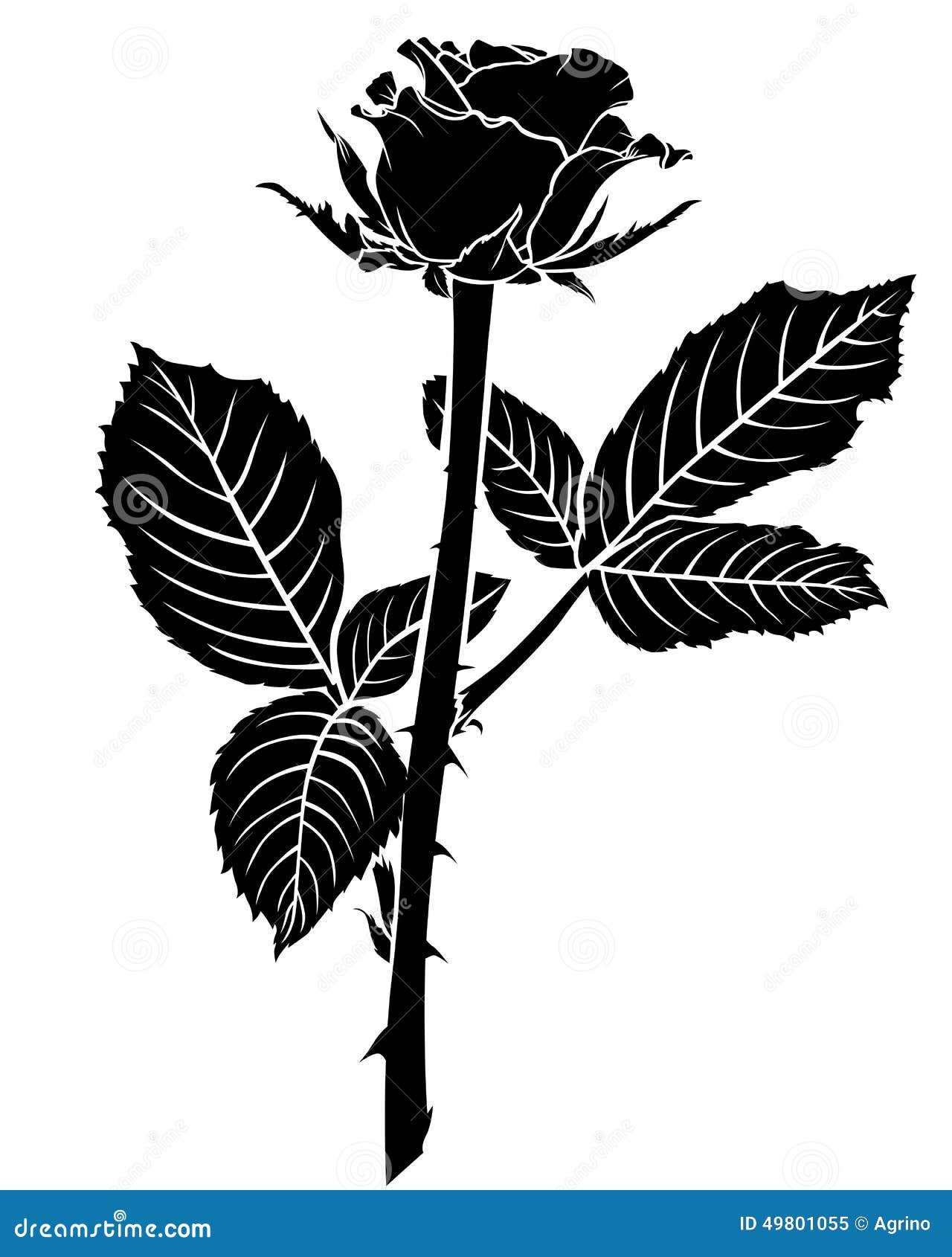 Silhouette Of Roses Bud With Two Large Leaves Stock Vector - Image ...