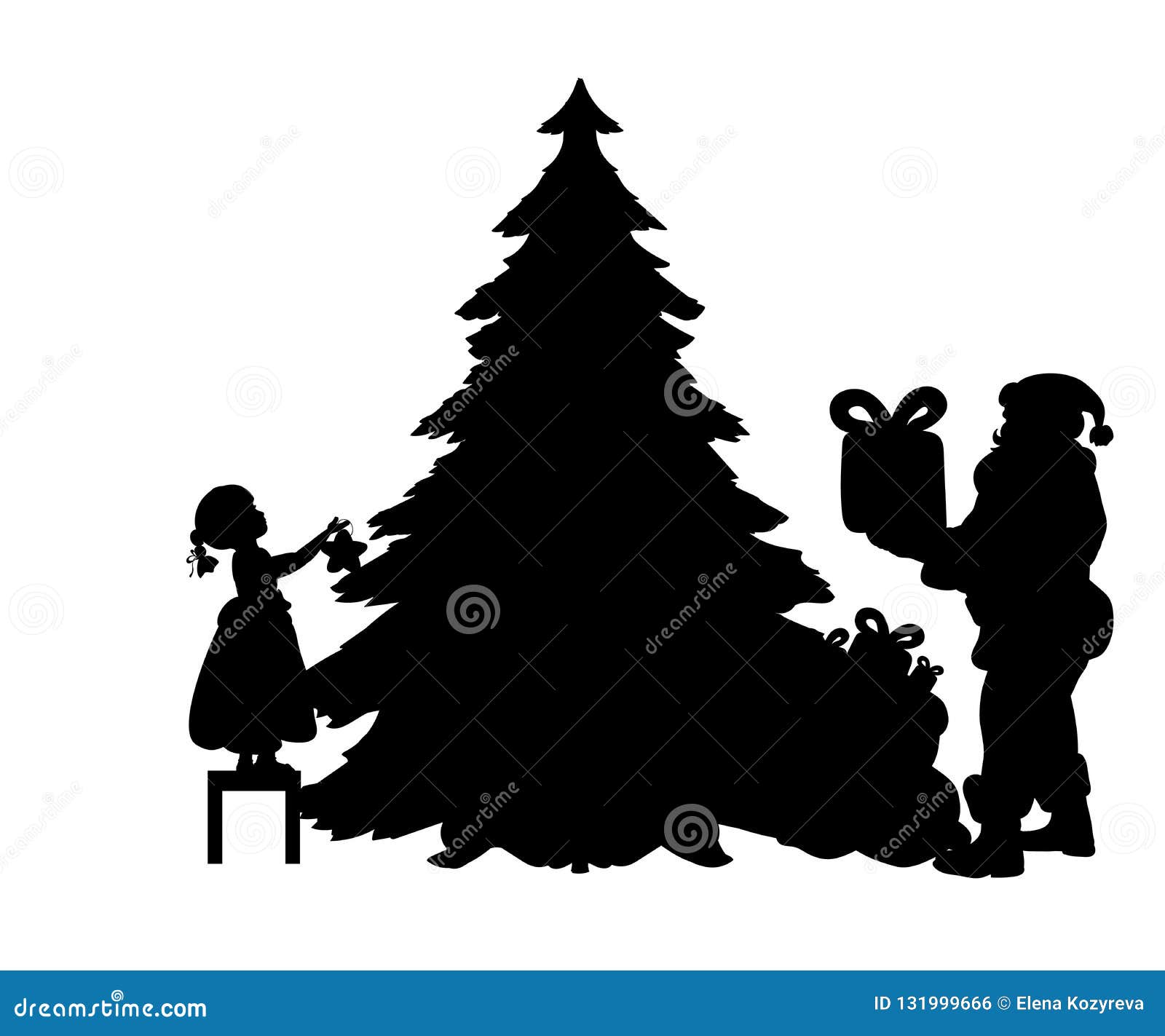 Download Silhouette Santa Put Gifts And Girl Decorates Christmas ...