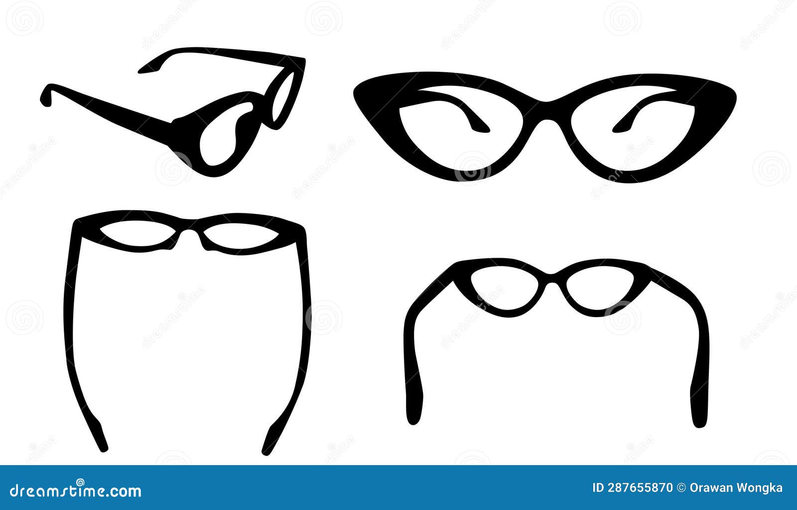 Silhouette Set of Cat Eye Glasses, Eye Glasses in Flat Vector Stock