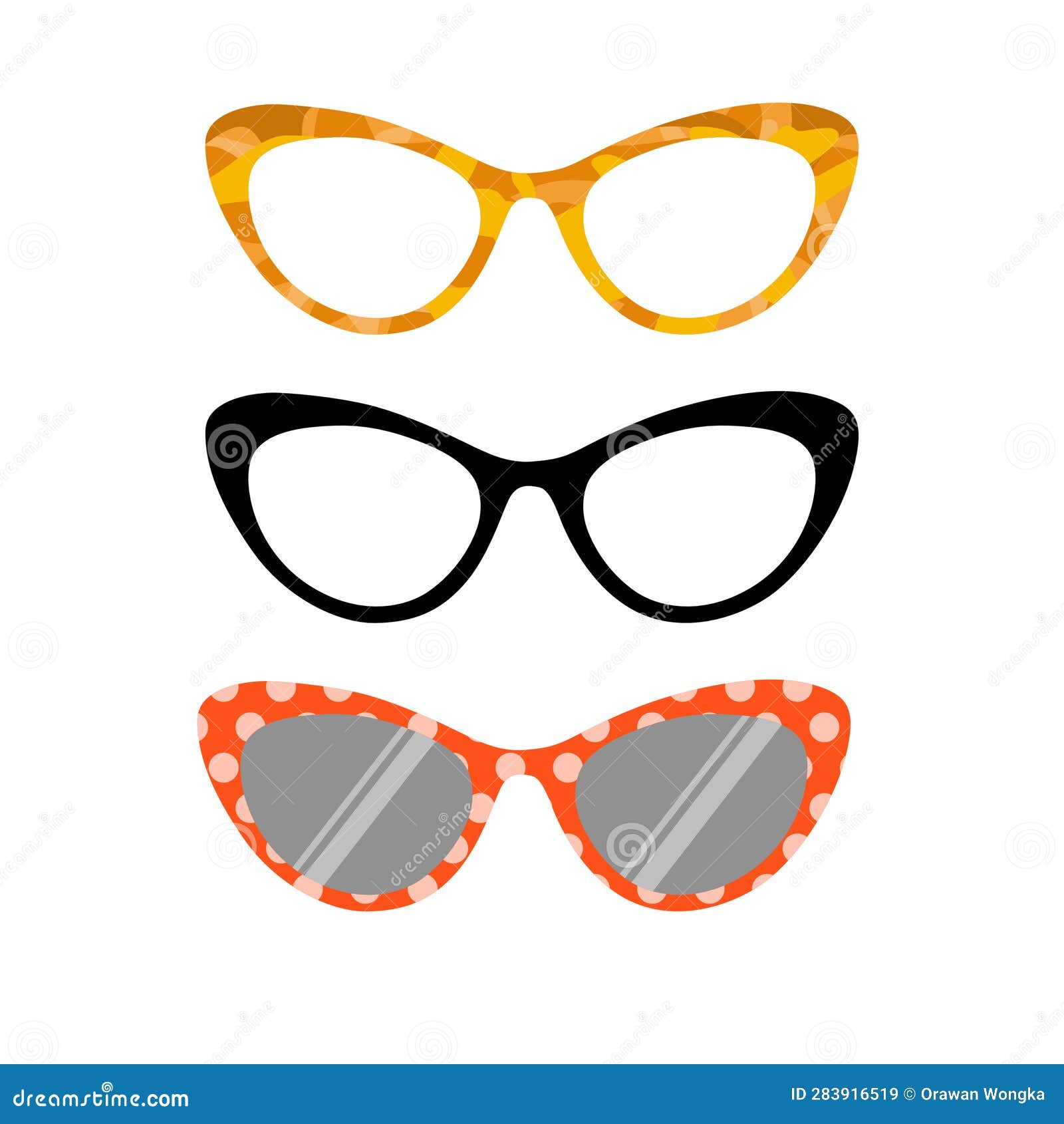 Silhouette Set of Cat Eye Glasses, Eye Glasses and Sunglasses in Flat