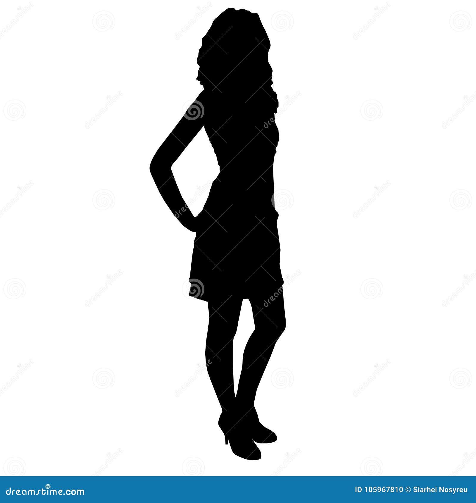 silhouette of slim beautiful woman girl with long legs clothed in cocktail dress and high heels, standing with hands on her hips