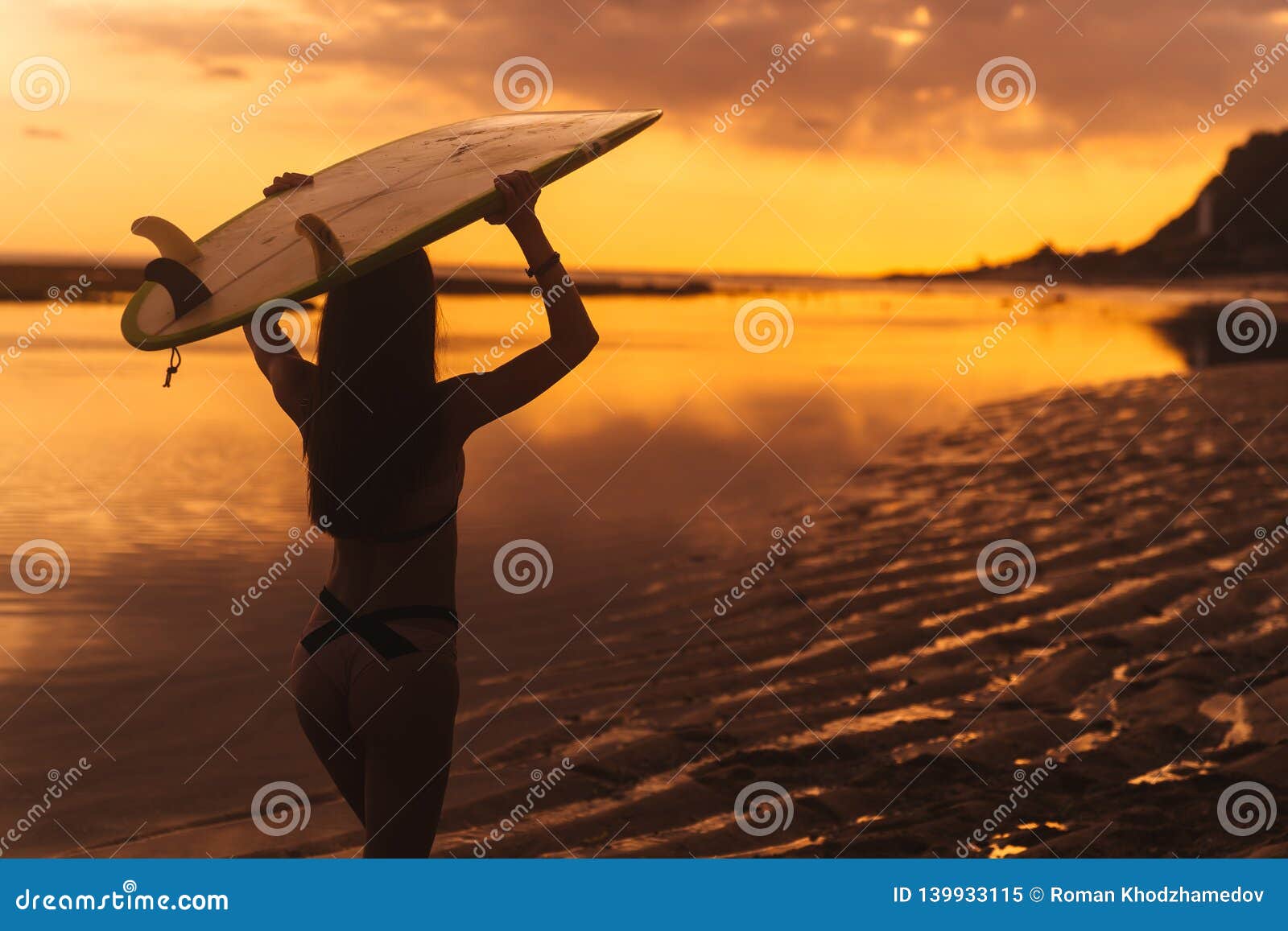 Silhouette of Slim Girl with Surfboard in Hands at Beach on Background ...